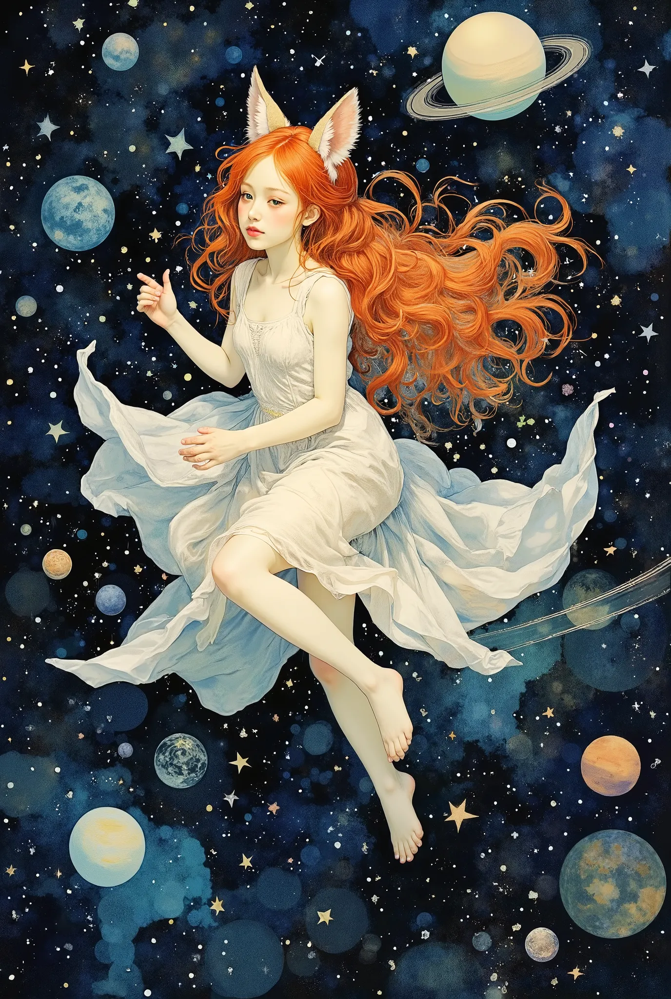 (Sailing between planets in space、Dark universe 、宇宙遊泳をするGirl Drawingに, beautiful girl,), outer space where stellar light shines brightly、shadow、陰shadowが濃い、Earth and space background、Digital Paintings, elegant , Oil Enamel, 赤い髪のGirl Drawingに , high qualit...