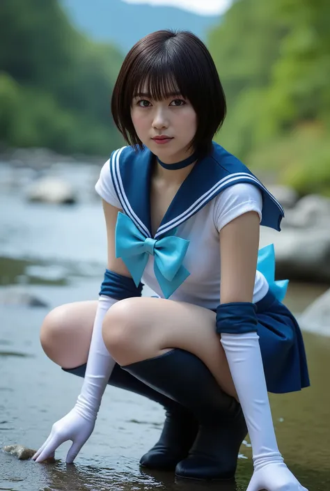 photorealistic, Sailor Mercury, M3RCury ,high definition, masterpiece, Droplets create the effect of wet water, Ultra Detailed , very aesthetic, award-winning, sharp concentration in nude clothes, cinematic lighting, alone, (Shining Short Dark Hair), detai...