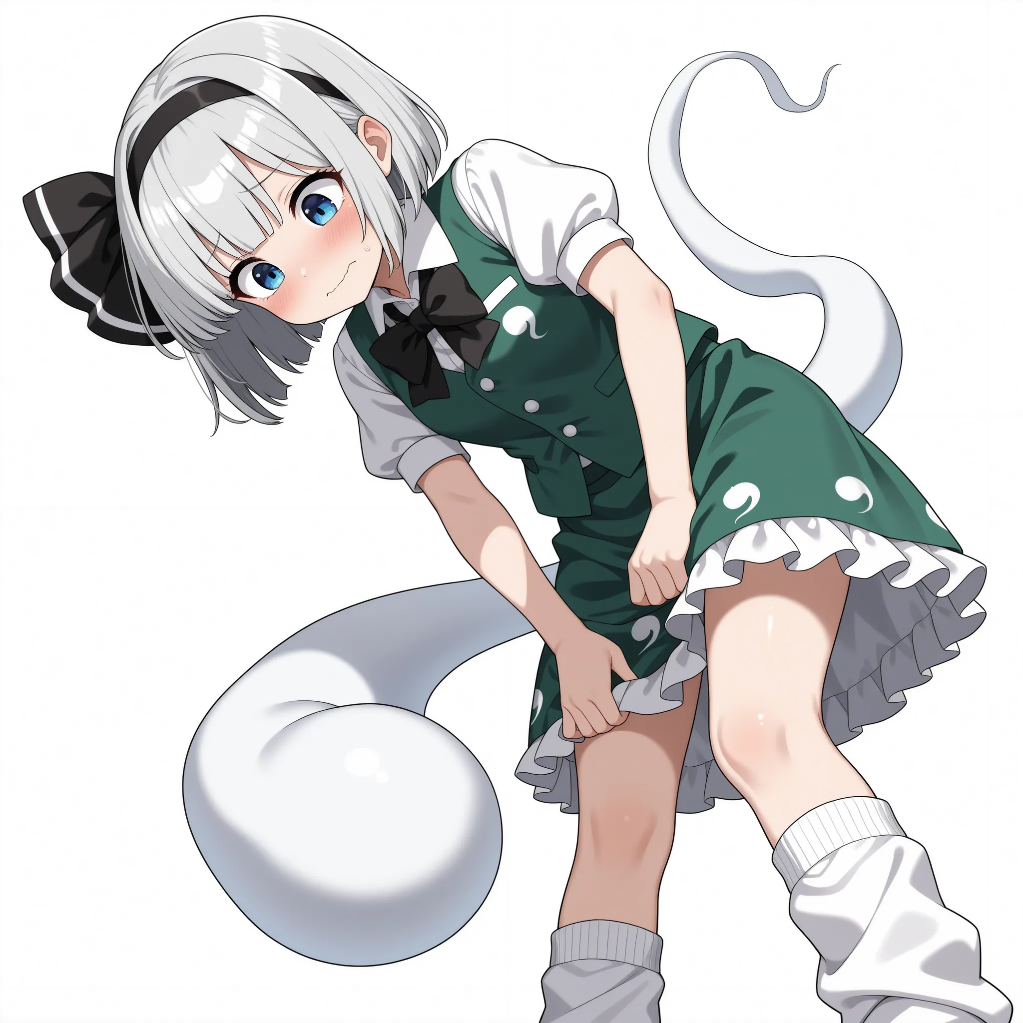 1girl, konpaku youmu (touhou), short hair, bob cut, grey hair, white hair, blue eyes, green vest, white shirt, collared shirt, black bowtie, puffy short sleeves, green skirt, frilled skirt, skirt set, hitodama print, black hairband, hair ribbon,konpaku you...