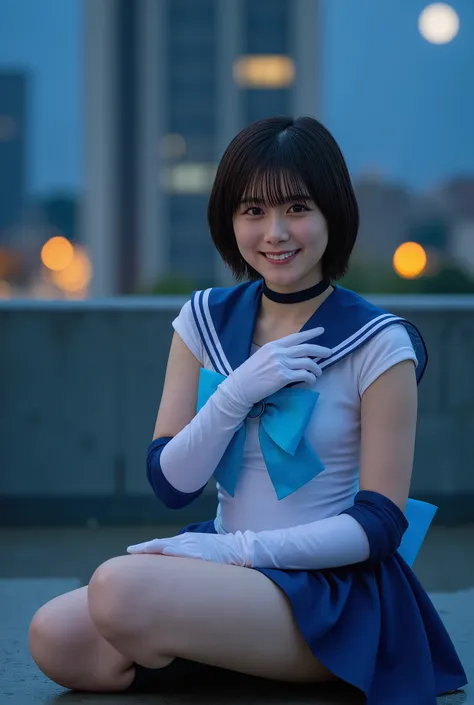 photorealistic, 1 girl, Sailor Mercury, M3RCury , solo, high definition, masterpiece, Droplets create the effect of wet water, Pretty girl, cowboy shot, is raining, moonlight, After dark, Moonlit Night, crescent, (((Can you see the moon in the sky))), Wal...