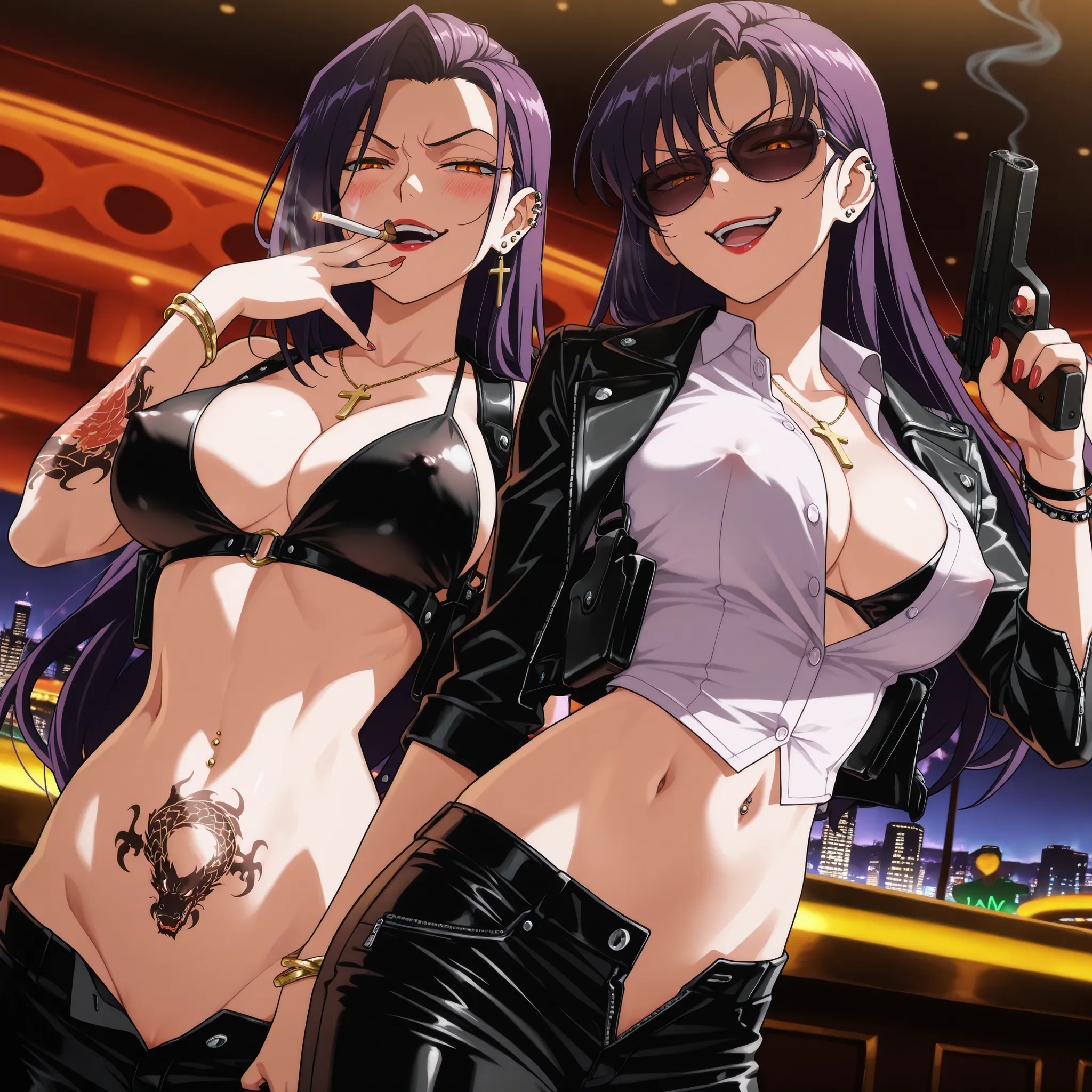 ,sunglasses, masterpiece,best quality,absurdres,newest,,2girl, two girls, long hair,covered nipples, ,midriff,navel,bracelet,tattoo,jewelry,,ear piercing, long hair, blush, lipstick,Hot girl, baddie, smoking, bad attitude, mean girl, sensual, attractive, c...