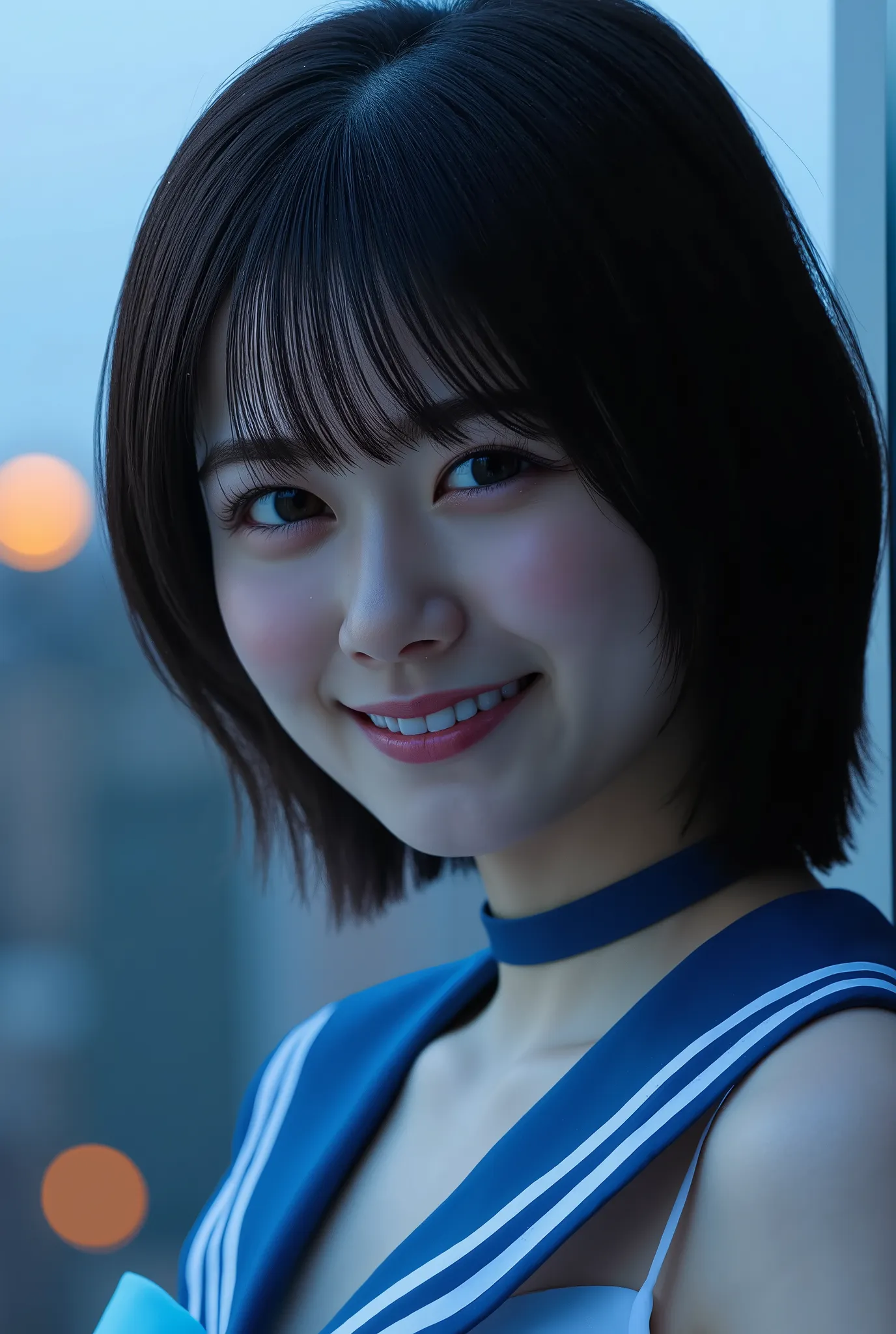 photorealistic, 1 girl, Sailor Mercury, M3RCury , solo, high definition, masterpiece, Droplets create the effect of wet water, Pretty girl, cowboy shot, is raining, moonlight, After dark, Moonlit Night,  crescent, (((Can you see the moon in the sky))), Wal...