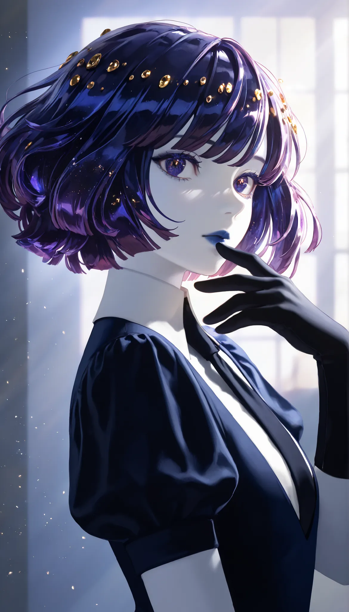 Masterpiece, undershirt, newer ,absurdres, High resolution,vista muy about,detailed background, A girl, about,Floating,crystal hair,cabello largo,sunlight,portrait,shiny purple hair,dark blue hair,Dark blue lips,eyes dark blue,white skin,gold particles in...