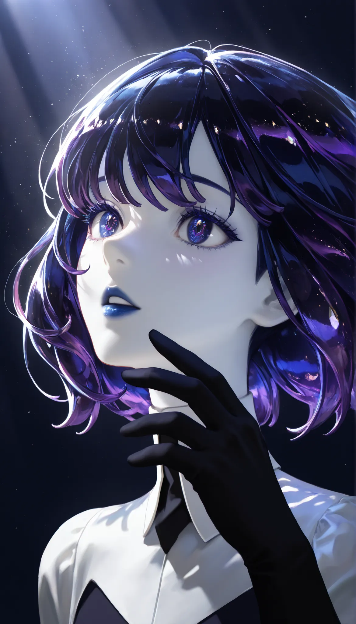 Masterpiece, undershirt, newer ,absurdres, High resolution,vista muy about,detailed background, A girl, about,Floating,crystal hair,cabello largo,sunlight,portrait,shiny purple hair,dark blue hair,Dark blue lips,eyes dark blue,white skin,gold particles in...