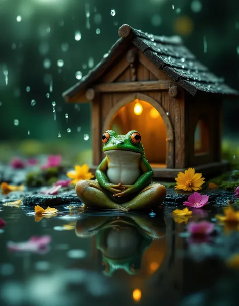 hyperrealistic macro photography of ancient-looking frog meditating in miniature temple made from matchsticks and flower petals, surrounded by puddles with soft ripples, background full of other frogs in meditation under falling raindrops, wet textures on ...