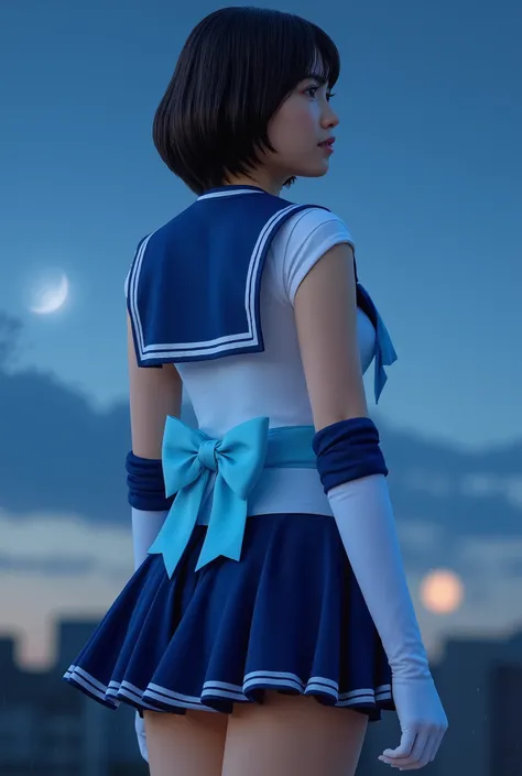 Photorealistic, 1 girl, Sailor Mercury, M3RCury , solo, high definition, masterpiece, Droplets create the effect of wet water, Pretty girl, cowboy shot, is raining, moonlight, After dark, Moonlit Night, crescent, (((Can you see the moon in the sky))), {{x...