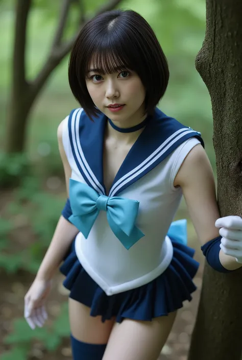 photorealistic, Sailor Mercury, M3RCury ,high definition, masterpiece, Droplets create the effect of wet water, Ultra Detailed , very aesthetic, award-winning, sharp concentration in nude clothes, cinematic lighting, alone, (Shining Short Dark Hair), detai...