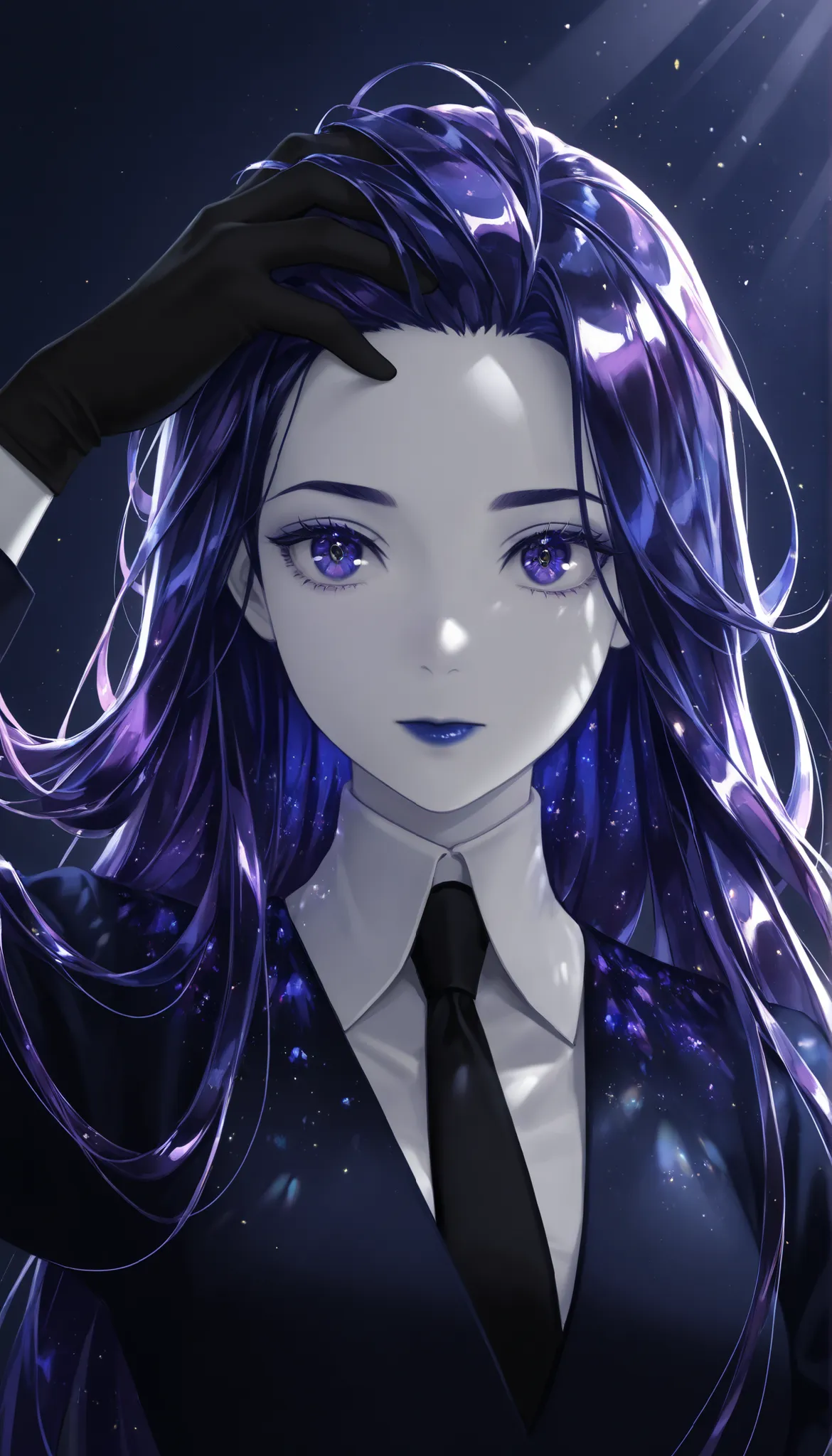 Masterpiece, undershirt, newer ,absurdres, High resolution,vista muy about,detailed background, A girl, about,Floating,crystal hair,cabello largo,sunlight,portrait,shiny purple hair,dark blue hair,Dark blue lips,eyes dark blue,white skin,gold particles in...
