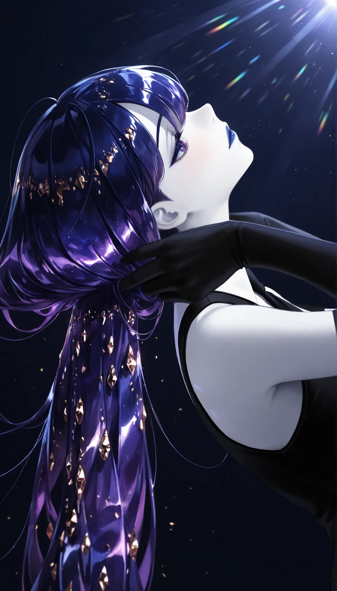 Masterpiece, undershirt, newer ,absurdres, High resolution,vista muy about,detailed background, A girl, about,Floating,crystal hair,cabello largo,sunlight,portrait,shiny purple hair,dark blue hair,Dark blue lips,eyes dark blue,white skin,gold particles in...