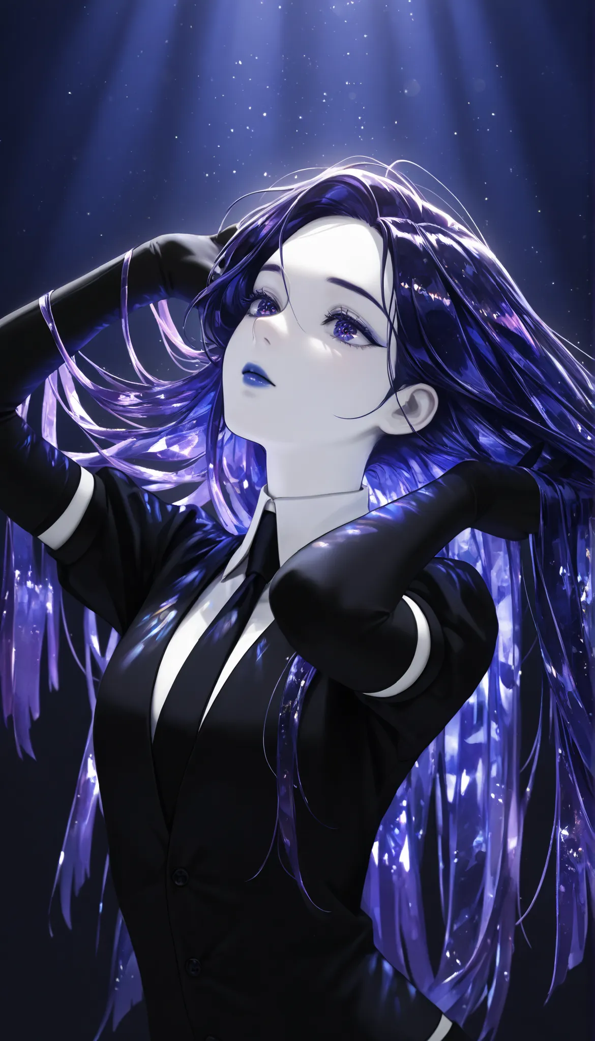 Masterpiece, undershirt, newer ,absurdres, High resolution,vista muy about,detailed background, A girl, about,Floating,crystal hair,cabello largo,sunlight,portrait,shiny purple hair,dark blue hair,Dark blue lips,eyes dark blue,white skin,gold particles in...
