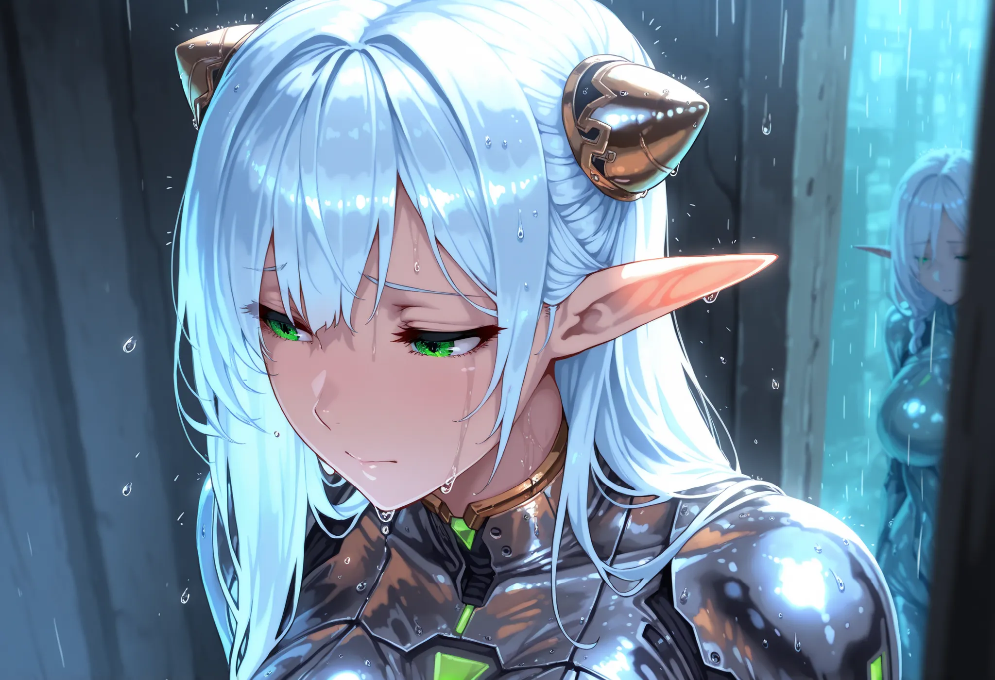 Metallic bodysuit, science fiction, acid rain, light blue wet hair, raindrops, Masterpiece, high detail, cinematic glow, isolation, tragic, elf, pointy ears, hairpods