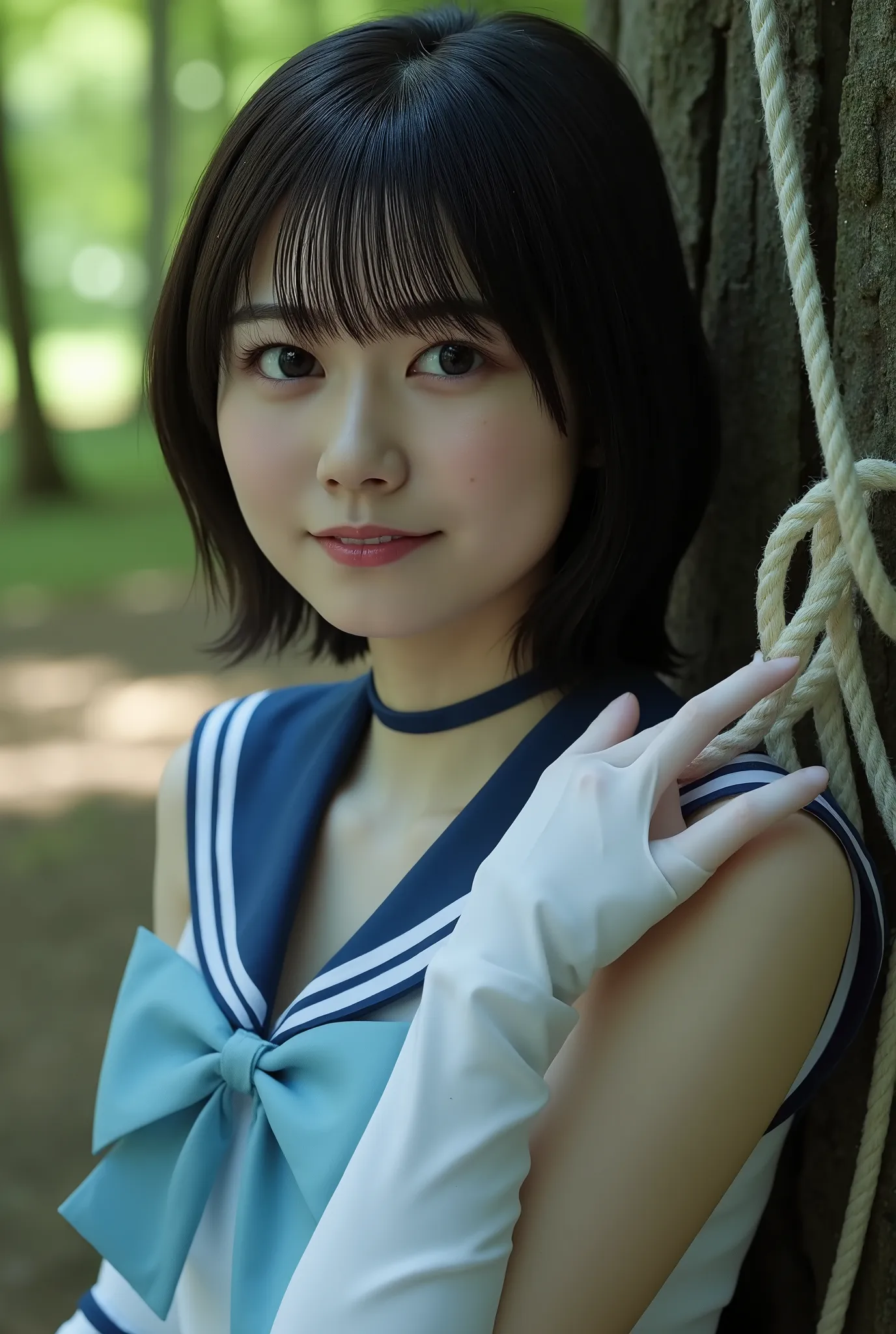 photorealistic, Sailor Mercury, M3RCury ,high definition, masterpiece, Droplets create the effect of wet water, Ultra Detailed , very aesthetic, award-winning, sharp concentration in nude clothes, cinematic lighting, alone, (Shining Short Dark Hair), detai...