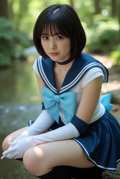 photorealistic, A look of relief、Sailor Mercury, M3RCury ,high definition, Ultra Detailed , very aesthetic, award-winning, sharp concentration in nude clothes, cinematic lighting, alone, (Shining Short Dark Hair), detailed face, detailed eyes, pale skin, ...