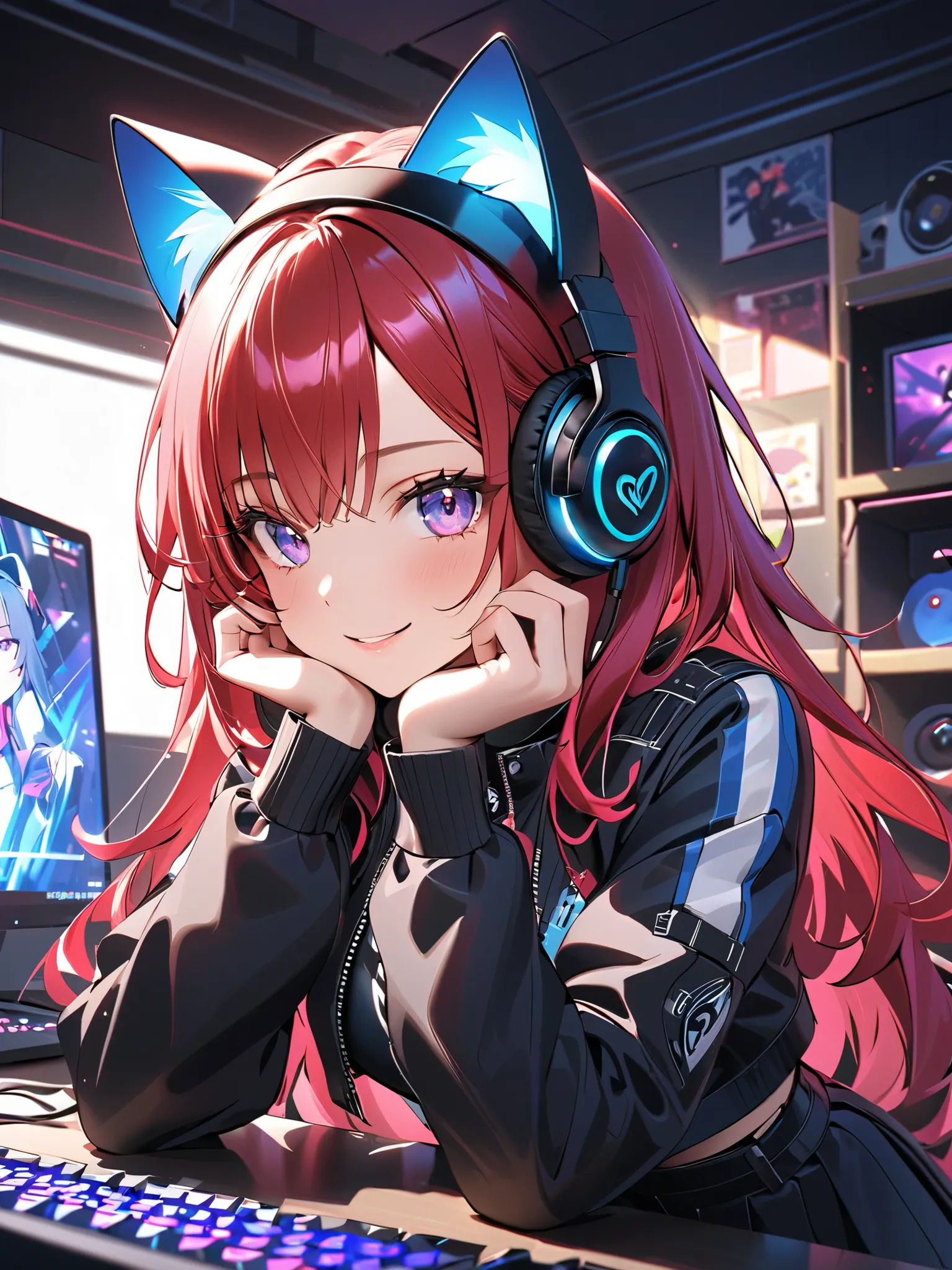  A beautiful woman, (nice curves), with long red hair with pink tips and bright purple eyes, (eyes rich in detail), (eyes detailed), wearing a futuristic black outfit with bright blue details on the sleeves. She wears cat-ear headphones and a headset microphone. Her outfit includes a stylish cropped jacket with wide sleeves, a pleated skirt with white stripes and black lace-up boots. She makes a heart with her hands near her face, (close-up from the waist up) smiling warmly. The background is a bedroom with a gaming computer in the background. The art style is detailed and colorful, with soft dynamic lighting and slightly 3D anime shading, in high resolution 