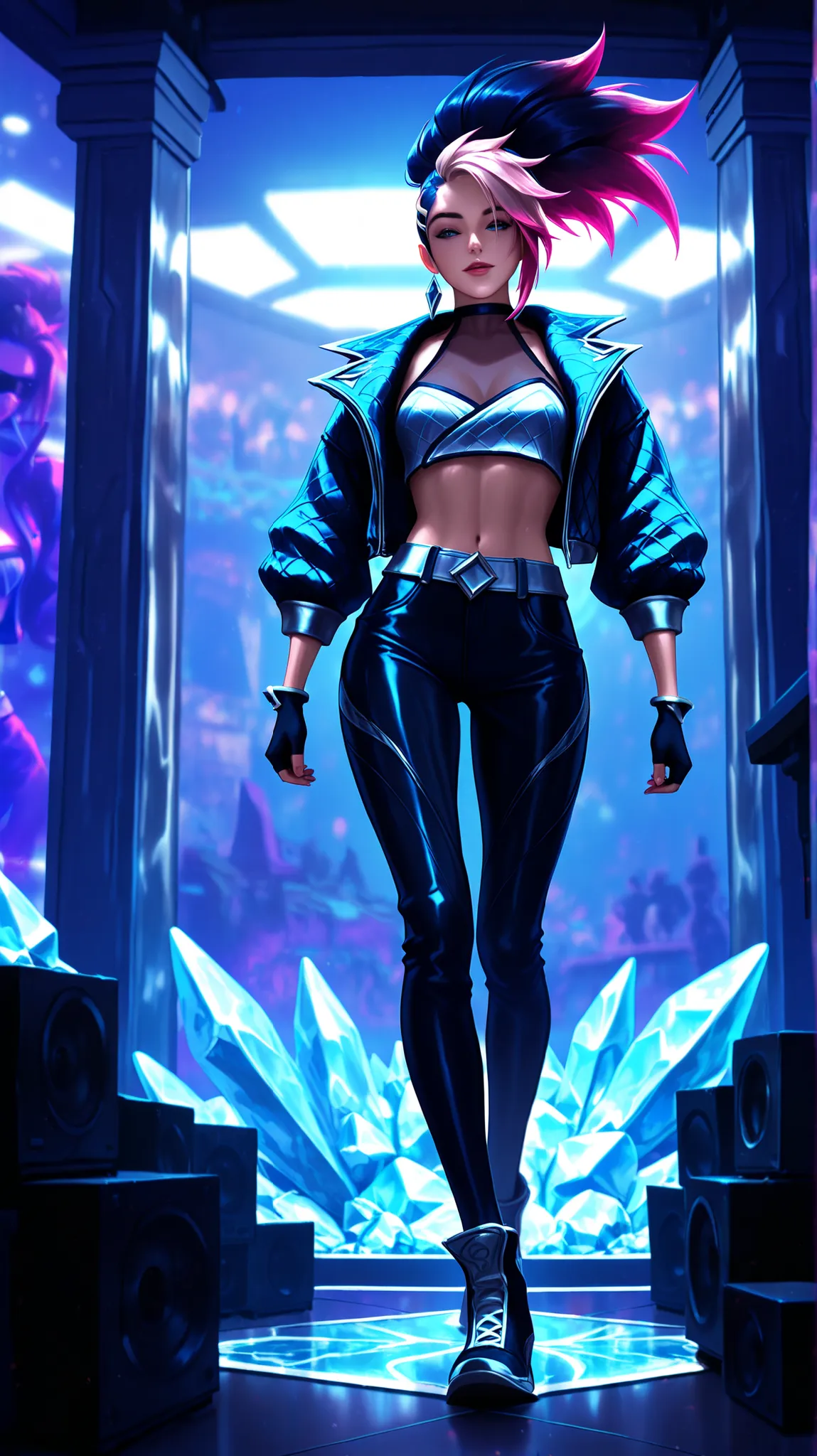 Akali from league of legends,Walking elegantly in the crystal room,He wears K-Pop idol style clothes,Viewpoint From top Right, masterpiece, Sharp focus, 16k, unreal engine, digital art painting, ultra-realistic, solo,
