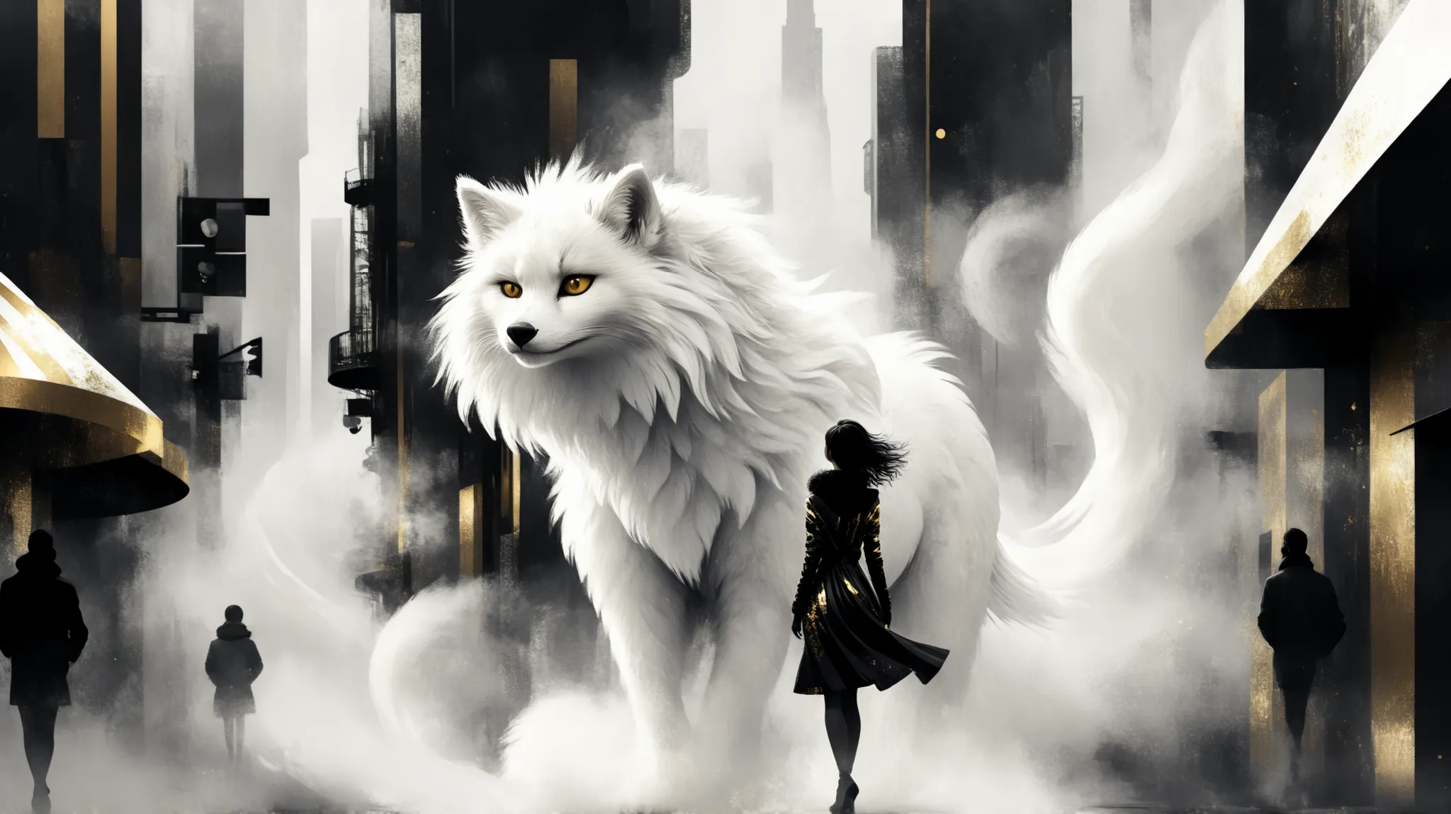novuschroma style Fluffy magic full body girl fantasy illustration in Novuschroma style in a futuristic city as background. color palette white patterns, black and gold
