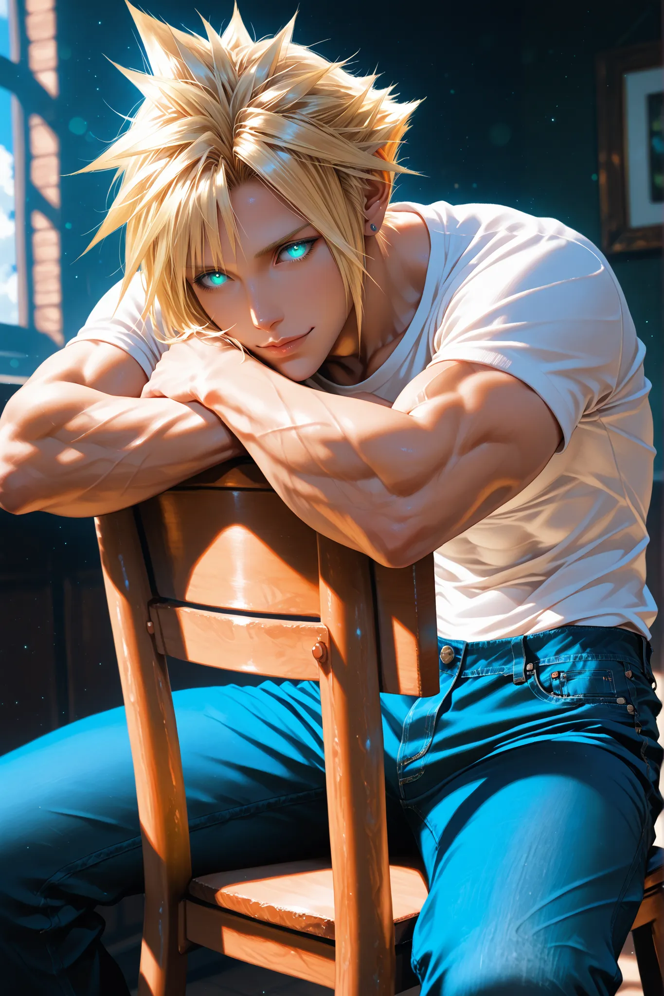 Cloud Strife, Final Fantasy VII, casual outfit, modern clothing, slim-fit no sleeve shirt, jeans, sitting backwards on a chair, arms resting on the chair back, sweet gentle smile, spiky blond hair, glowing blue eyes, muscular male, soft lighting, warm tone...