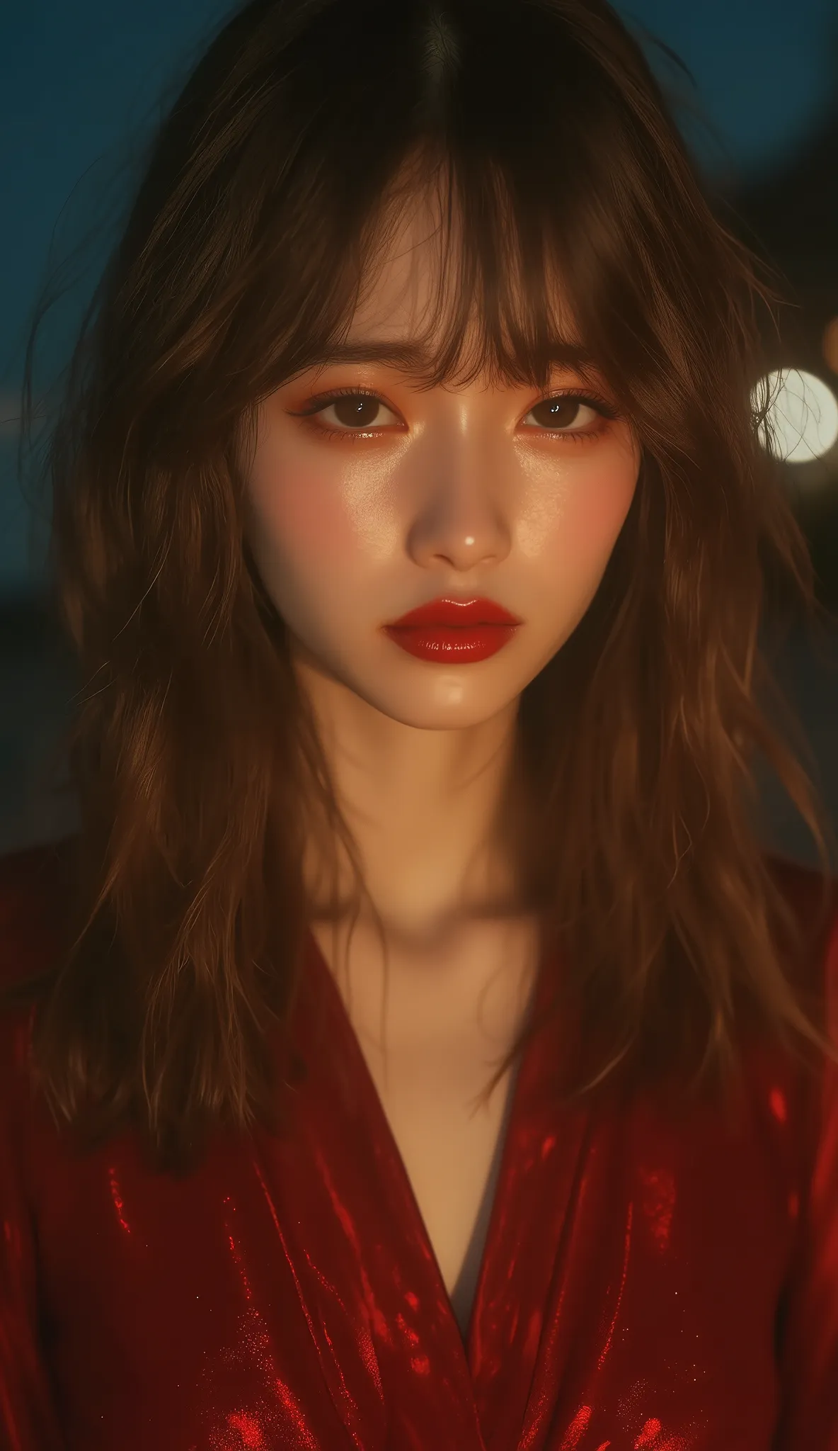 Layered bangs haircut , long golden brown straight quite silky thick hair , mesmerizing doe almond-shaped Hazel eyes mixed with green , plump full round natural red lips like doll lips , button flared small nose , round face with rosy plump cheeks and smal...