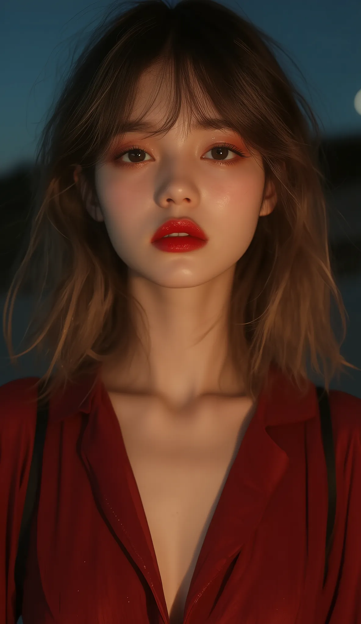 Layered bangs haircut , long golden brown straight quite silky thick hair , mesmerizing doe almond-shaped Hazel eyes mixed with green , plump full round natural red lips like doll lips , button flared small nose , round face with rosy plump cheeks and smal...