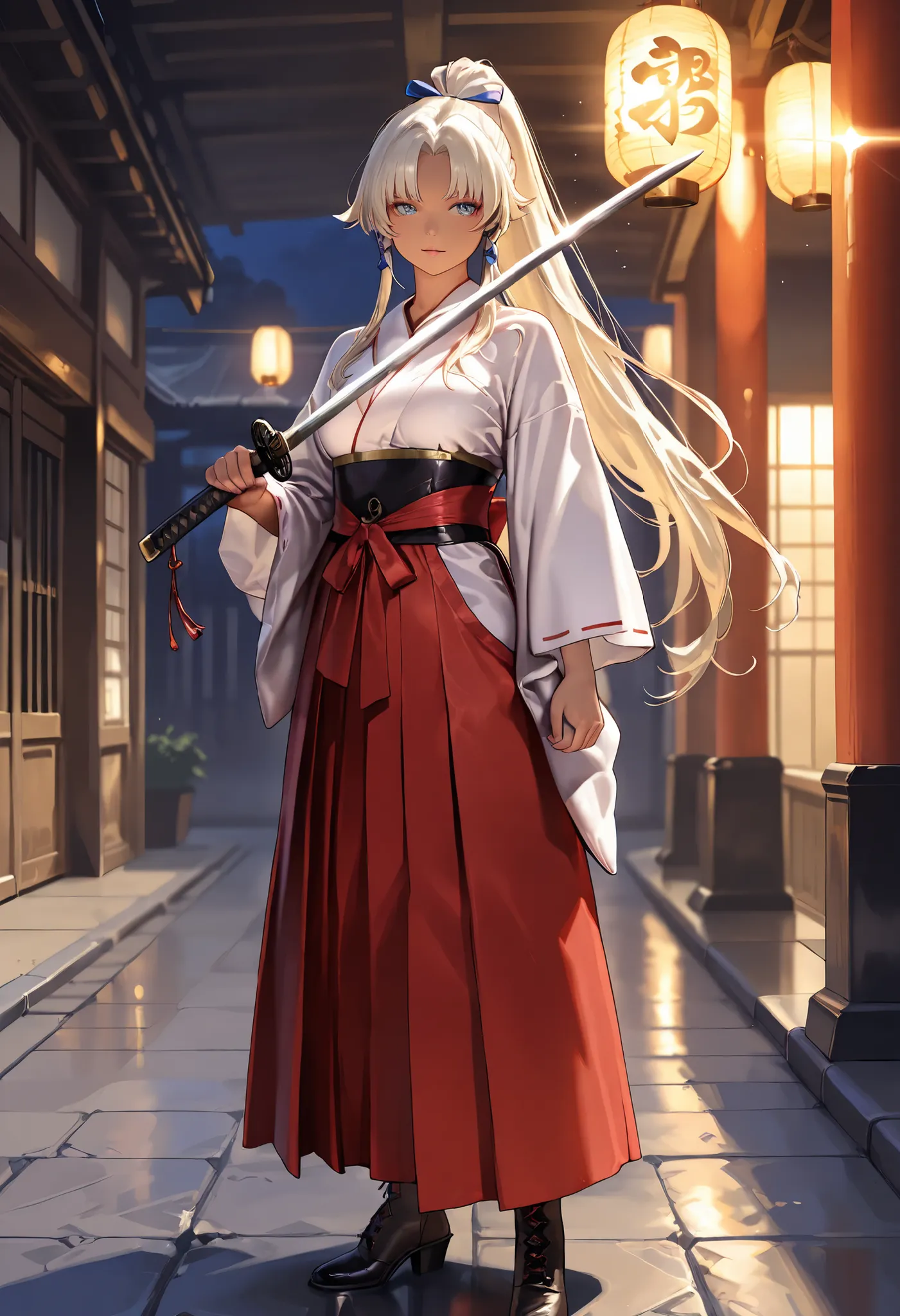 Masterpiece, (Top quality, create high resolution,4k, 8K),(realista, Photorealistic: 1.5), A handsome samurai holds a Japanese sword、Battle action where you fight enemies with a swordsman 、   ponytail、  yellow hair  、  brown skin 、    Read more 、  Japanese...