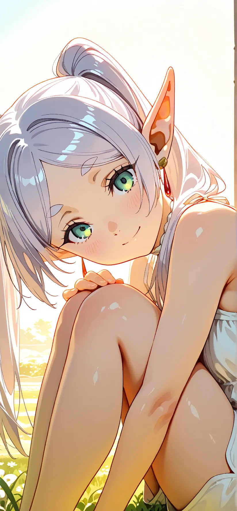 (masterpiece, best quality, high resolution), (1girl, Solo, Frieren from Frieren: Beyond Journey's End), (long silver hair in loose twin tails, soft strands on both sides), (calm green eyes), (slender build with curvy upper, with proper curves and gentle bounce), (serene smile and blush), (light summer home outfit, soft off-white top and pastel shorts), (sitting on a home garden lawn, surrounded by grass and light flowers), (leaning slightly forward, looking at viewer), (half close-up, face focus, horizontal view), (warm lighting, clear color composition, soft tones)