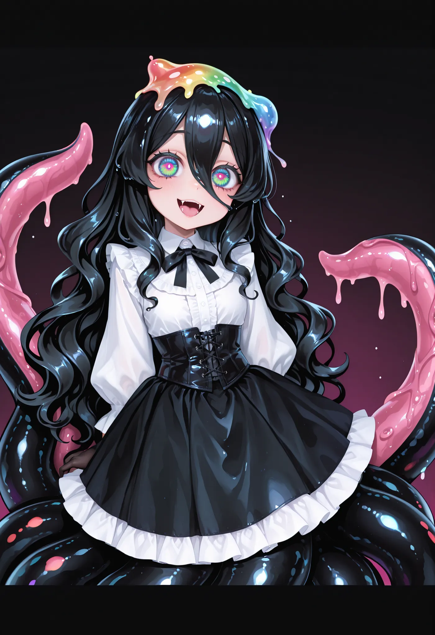 Monster girl. Black hair. Long hair. Wavy hair. Big eyes. Rainbow pupils. White blouse. Corset. Ruffled skirt. Black gloves. Slime tentacles. Black slime. Monster mouth on head. Fangs in hair.
