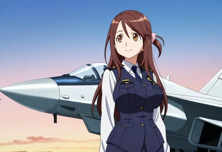 (anime coloring,anime screencap,official style:1.1),solo,1girl,
fighter jet,air force base,outdoor,
iida nana, brown hair, long hair, one side up, hair bow, pink bow, brown eyes, large breasts, wide hips,mature female
police uniform, blue vest, white shirt...