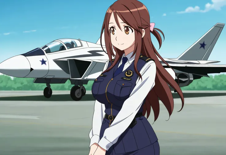 (anime coloring,anime screencap,official style:1.1),solo,1girl,
fighter jet,air force base,outdoor,
iida nana, brown hair, long hair, one side up, hair bow, pink bow, brown eyes, large breasts, wide hips,mature female
police uniform, blue vest, white shirt...