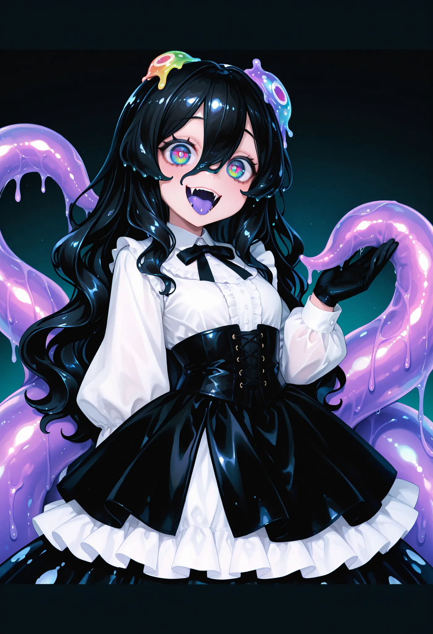 Monster girl. Black hair. Long hair. Wavy hair. Big eyes. Rainbow pupils. White blouse. Corset. Ruffled skirt. Black gloves. Slime tentacles. Black slime. Monster mouth on head. Fangs in hair.