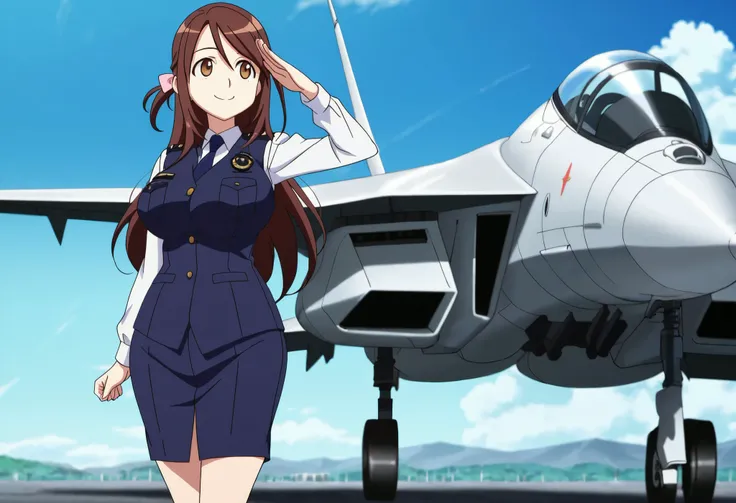 (anime coloring,anime screencap,official style:1.1),solo,1girl,smile,
fighter jet,air force base,outdoor,
iida nana, brown hair, long hair, one side up, hair bow, pink bow, brown eyes, large breasts, wide hips,mature female
police uniform, blue vest, white...