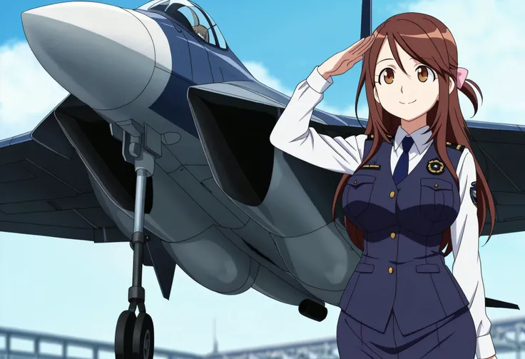 (anime coloring,anime screencap,official style:1.1),solo,1girl,smile,
fighter jet,air force base,outdoor,
iida nana, brown hair, long hair, one side up, hair bow, pink bow, brown eyes, large breasts, wide hips,mature female
police uniform, blue vest, white...