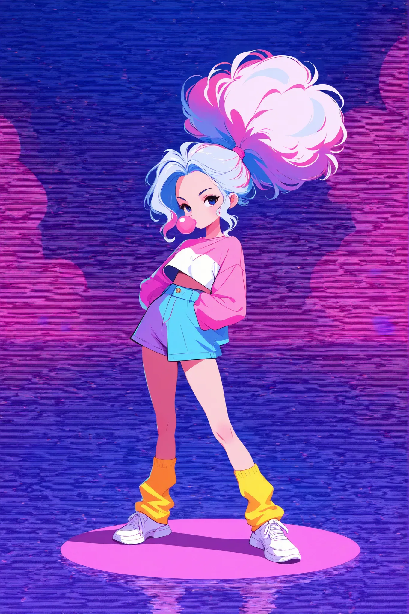 create me a pixel image, Merlin Monro, in pop art style, proportions, 64k, using colors, puffs up her bubblegum, in bright colors, stylish, and aesthetic
