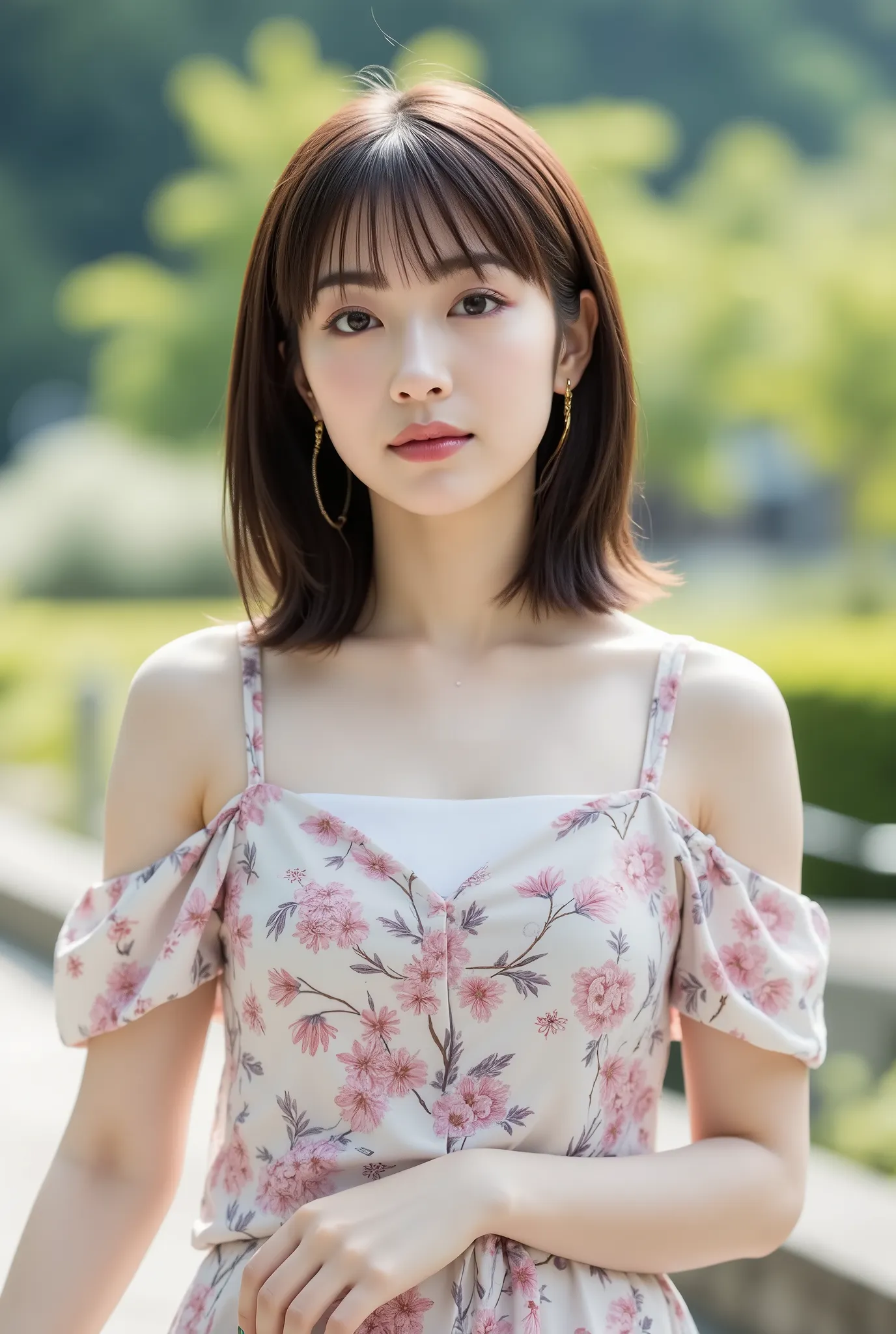 Create a realistic portrait of a beautiful Japanese female singer with a slender body, small bust, and thin legs. She has short hair and is dressed in a stylish spring outfit, set in a scene for a cosmetics commercial.