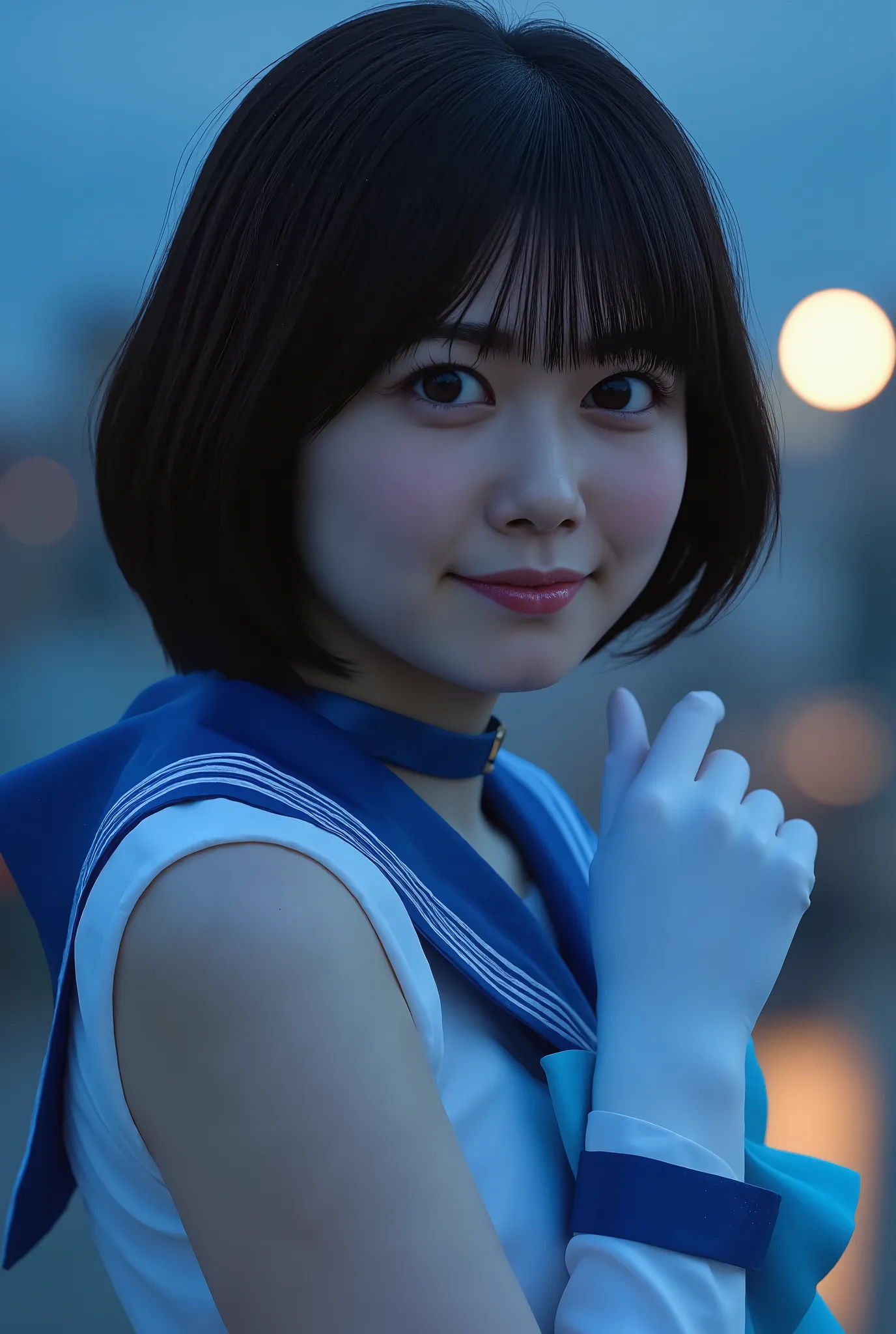 photorealistic, 1 girl, Sailor Mercury, M3RCury , solo, high definition, masterpiece, Droplets create the effect of wet water, Pretty girl, cowboy shot, is raining, moonlight, After dark, Moonlit Night,  crescent, (((Can you see the moon in the sky))), Wal...