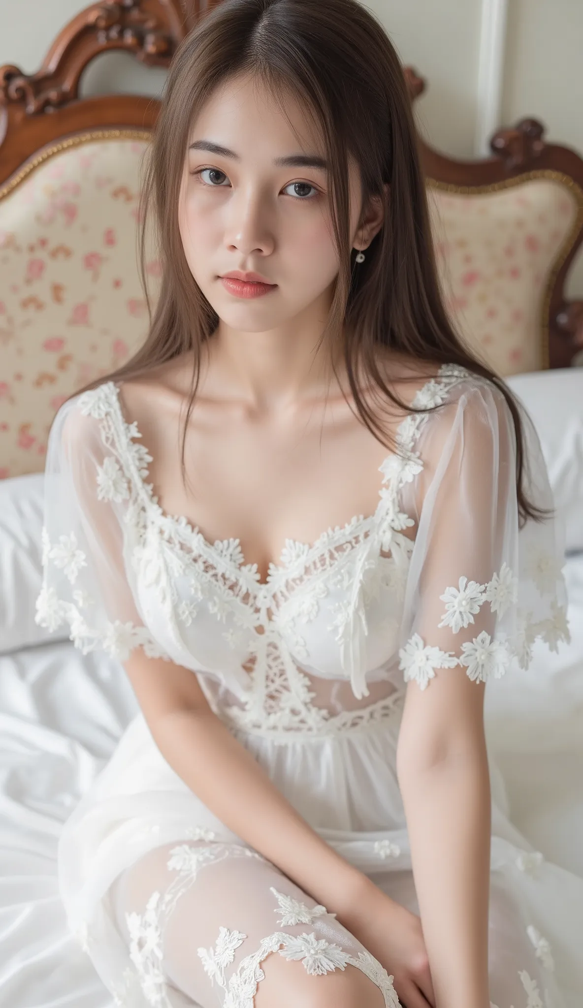 A beautiful girl in transparent whit frock on bed in stylish pose 
