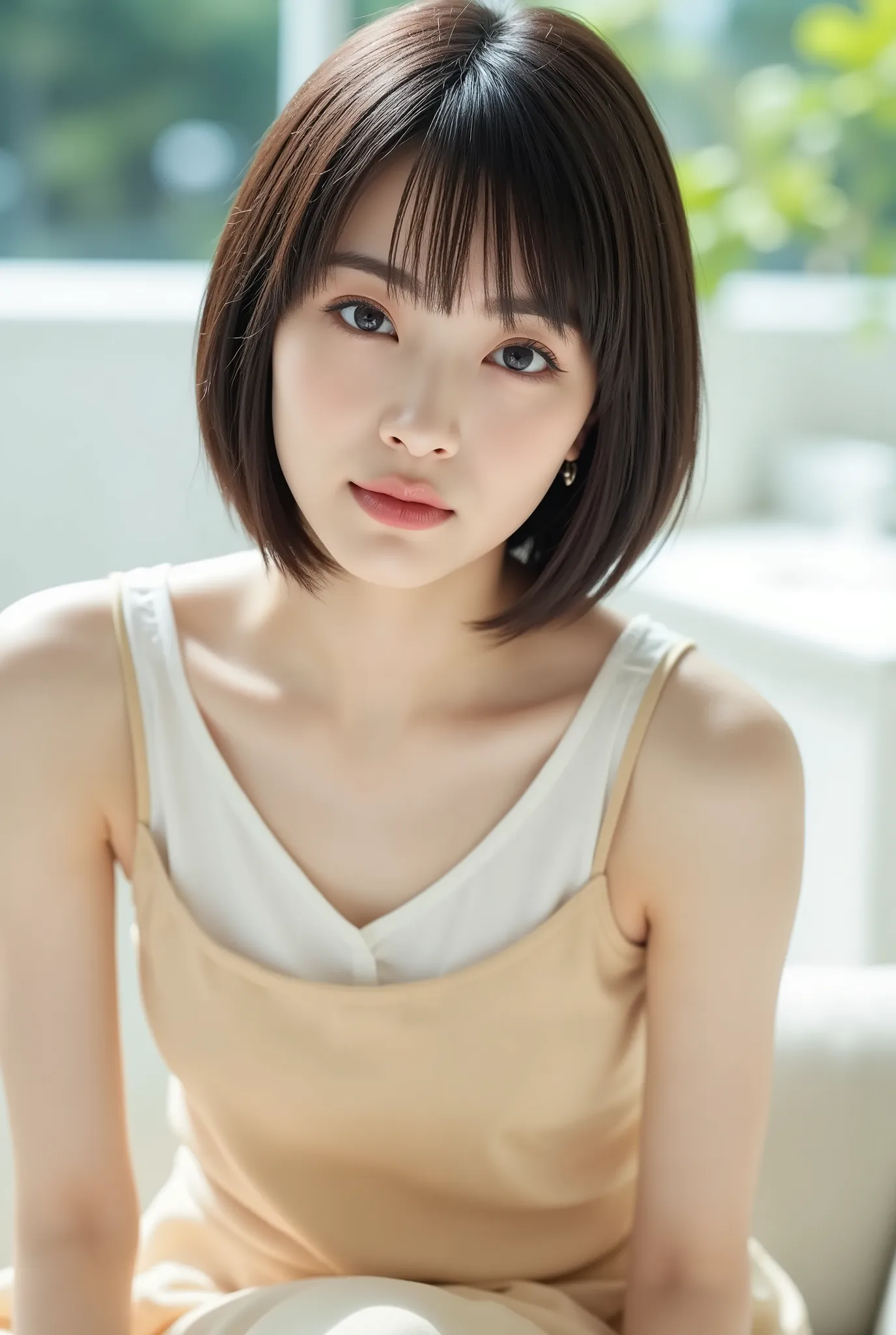 Create a realistic portrait of a beautiful Japanese female singer with a slender body, small bust, and thin legs. She has short hair and is dressed in a stylish spring outfit, set in a scene for a cosmetics commercial.