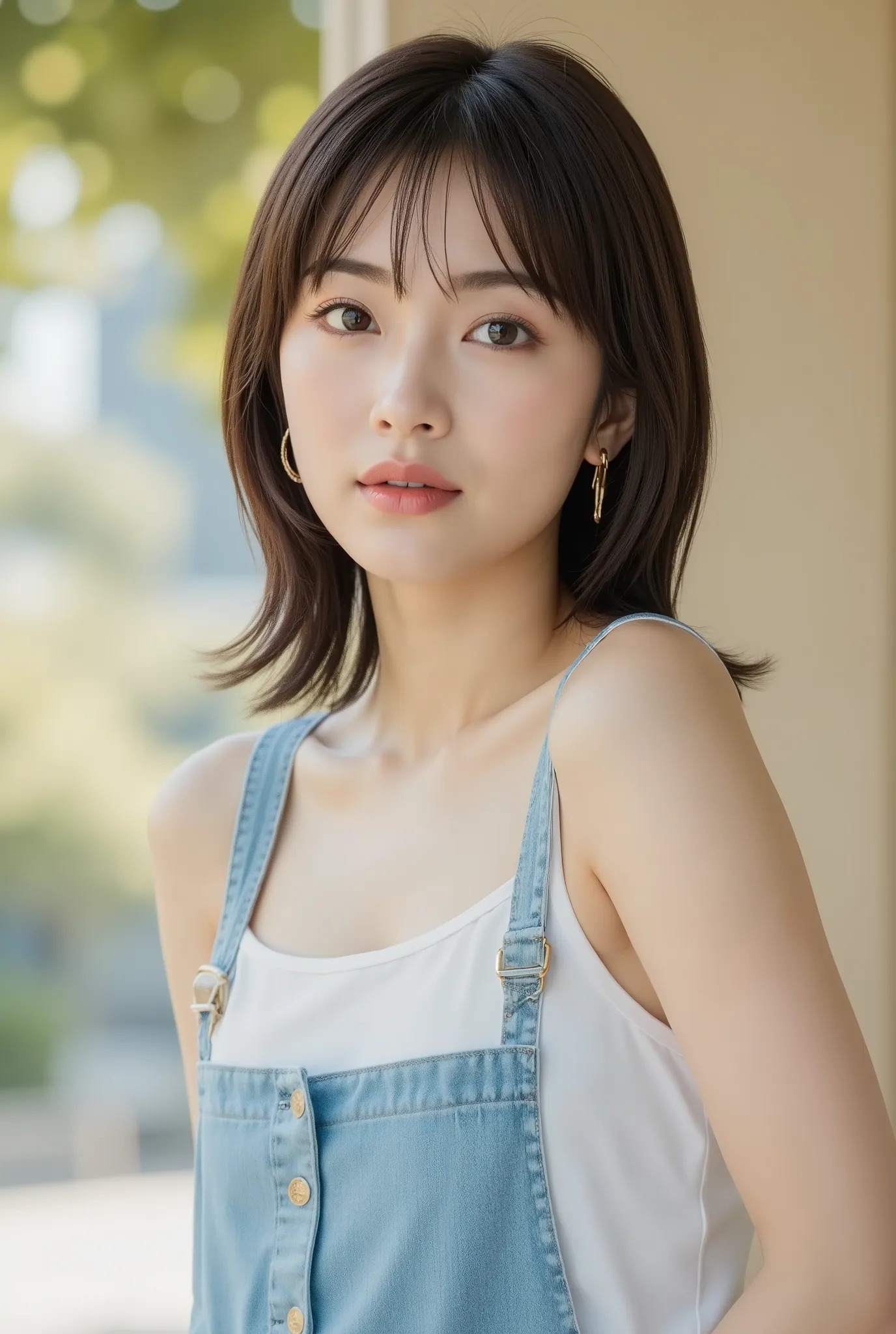 Create a realistic portrait of a beautiful Japanese female singer with a slender body, small bust, and thin legs. She has short hair and is dressed in a stylish spring outfit, set in a scene for a cosmetics commercial.