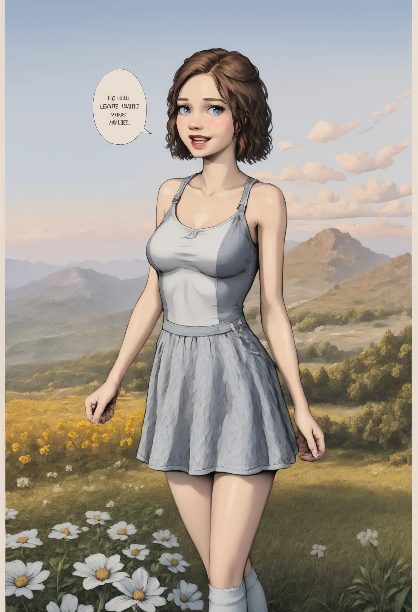 Ultra-Detailed comics. Sharp face details. realistic skin texture. Emma myers realistic face. Detailed composition. cowboy shot. Dynamic character pose walking. Girl with white-pale skin. Inspired by Emma Myers face. detailed face. Athletic body, short gir...