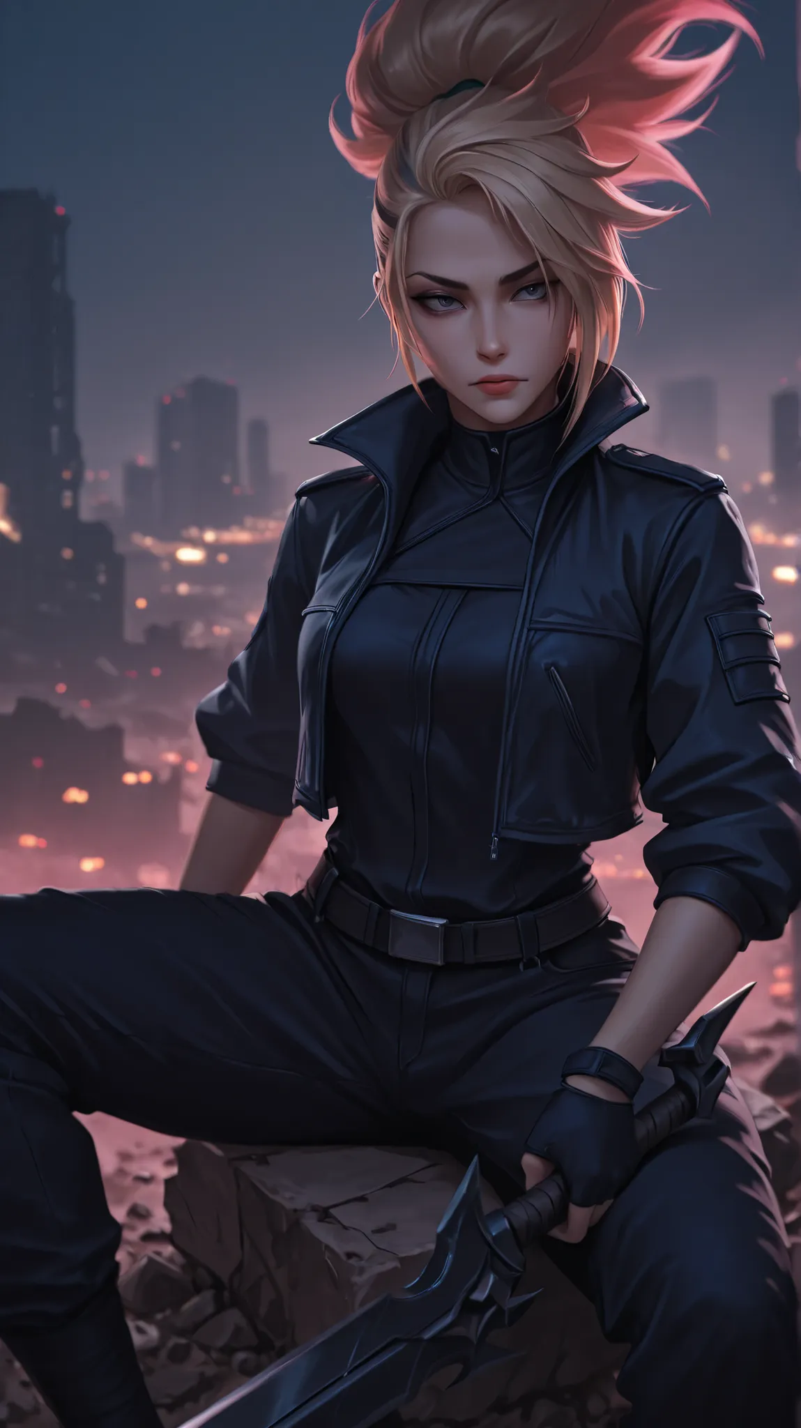 Akali from league of legends, black uniform, blonde hair, sitting pose, detailed facial features, serious expression, holding weapon, post-apocalyptic ruined city background, dystopian atmosphere, dramatic lighting, cinematic style, digital painting, 8K, H...