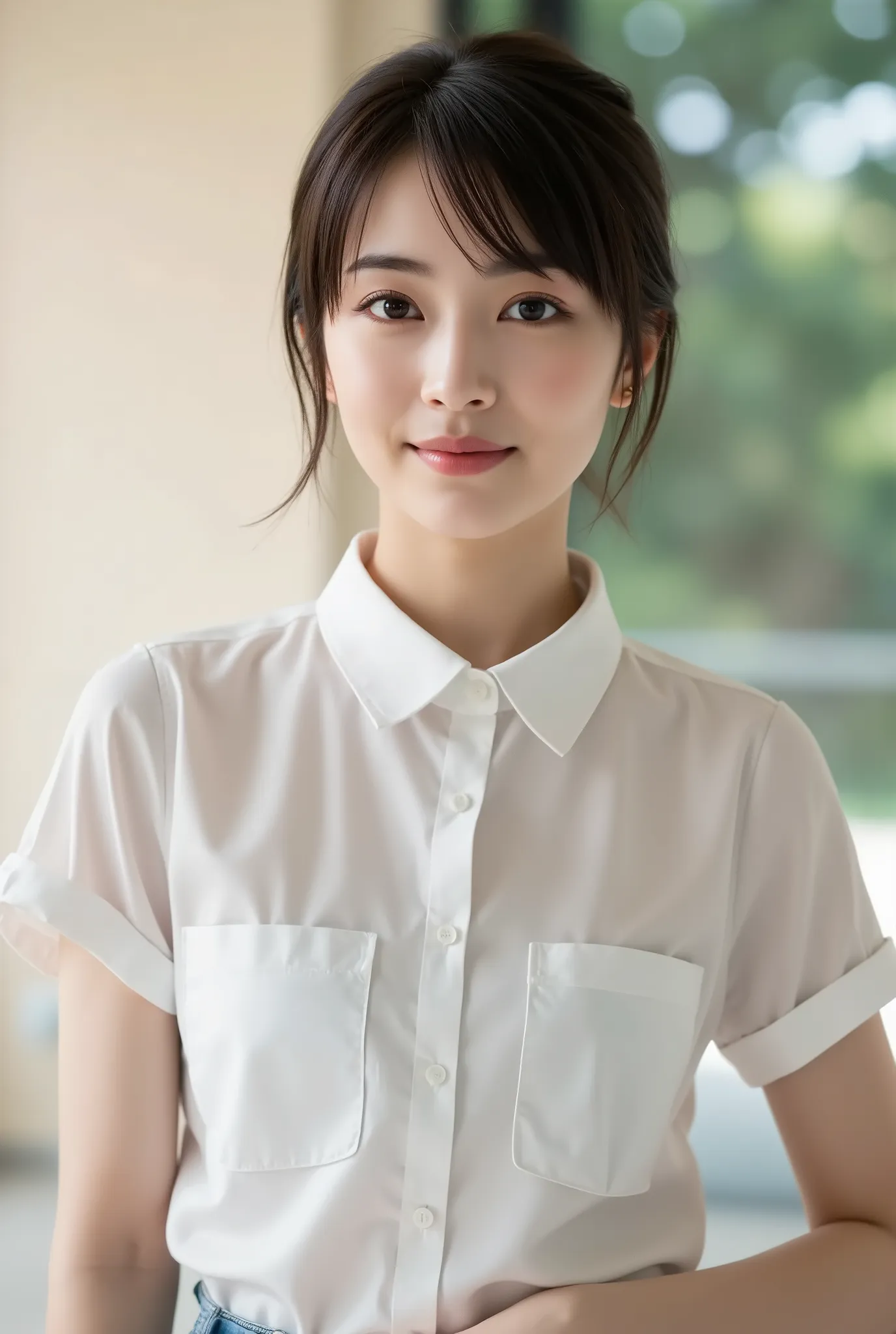 Create a realistic portrait of a beautiful Japanese female singer with a slender body, small bust, and thin legs. She has short hair and is dressed in a stylish spring outfit, set in a scene for a cosmetics commercial.