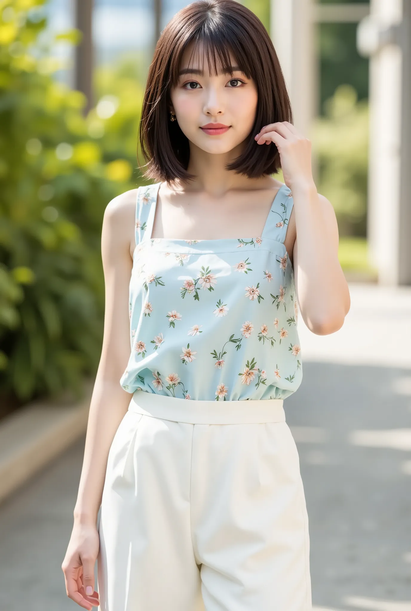 Create a realistic portrait of a beautiful Japanese female singer with a slender body, small bust, and thin legs. She has short hair and is dressed in a stylish spring outfit, set in a scene for a cosmetics commercial.