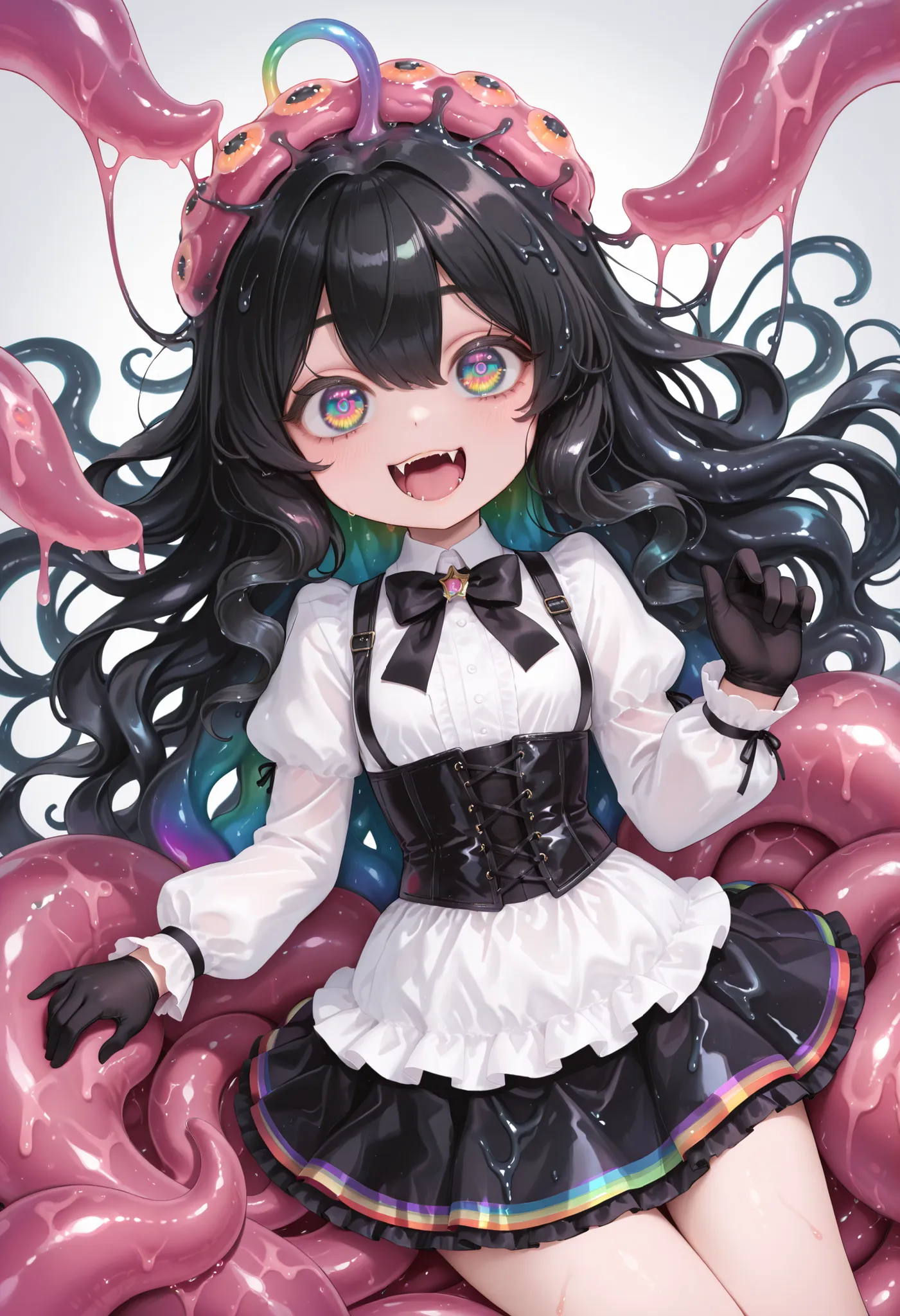 Monster girl. Black hair. Long hair. Wavy hair. Big eyes. Rainbow pupils. White blouse. Corset. Ruffled skirt. Black gloves. Slime tentacles. Black slime. Monster mouth on head. Fangs in hair.