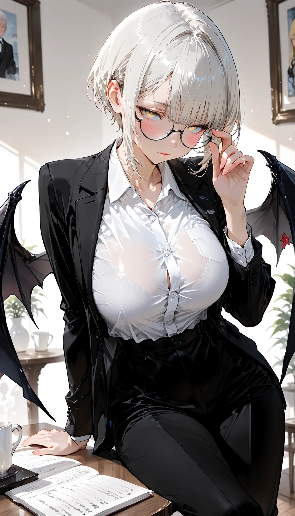 top quality, masterpiece, ultra-precise, ((top quality, masterpiece:1.3)), (sharp focus:1.2), (A beautiful, mature woman with a perfect body, seductive), (blonde eyes), (round glasses), (선명한 눈매), (curl hair, very short hair, light black hair, bangs), (smal...