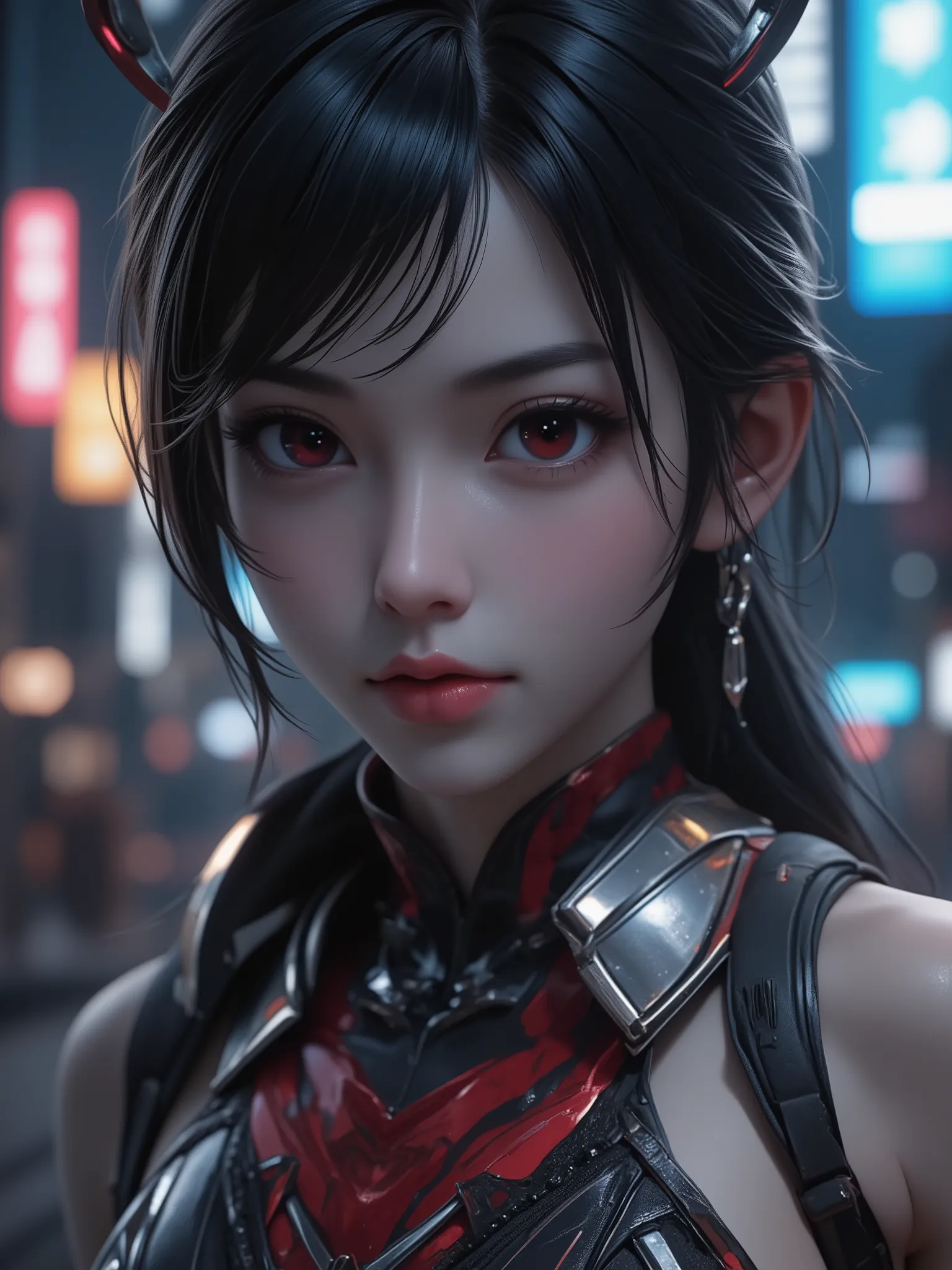 1 Japanese girl, WARFRAME bikini, intricate pattern, Heavy metal, power lines, bright eyes, elegant, concentrated, blood red and black uniform bikini, big breasts, Alone, modern vision, city, streets, dark clouds, dramatic lighting, (SFX complements visual...