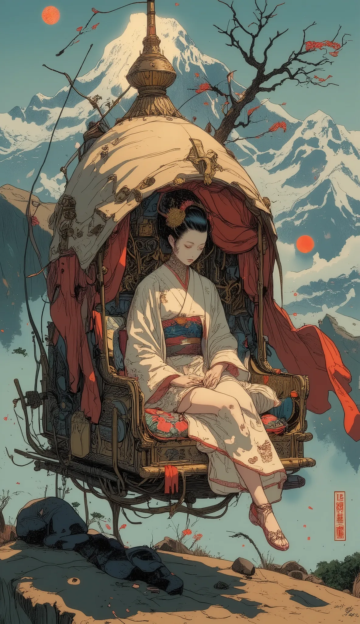 high quality DVD,4K, beatiful Royal (((Japanese Kabuki Girl))) carried on a litter with silk canopies,(((Dynamic Posture)) fondo de montañas estilo Hokusai