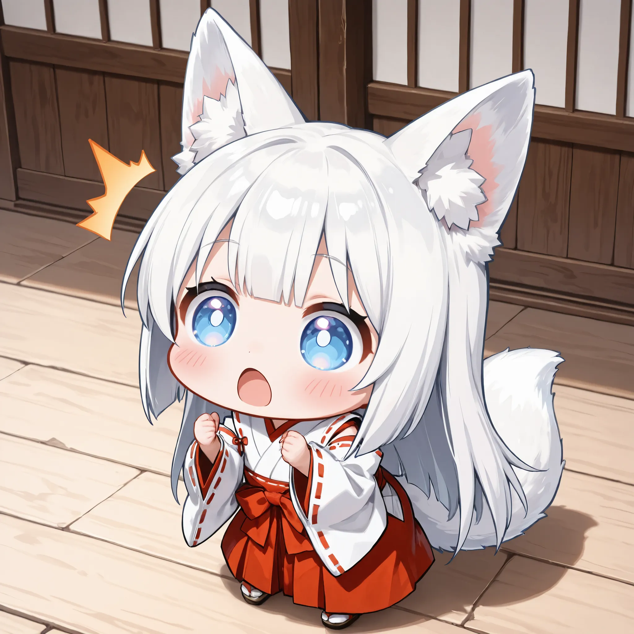 ((Masterpiece)),((best quality)),((incredibly absurdres)),((8K)),(semi realistic),
1 (chibi girl) ,(anime chibi),solo,minigirl,white hair,long hair,straight hair,baby face,cute,kawaii,(white fox ears),(white fox tail),big eyes,
(miko),Maiden miko outfit,...