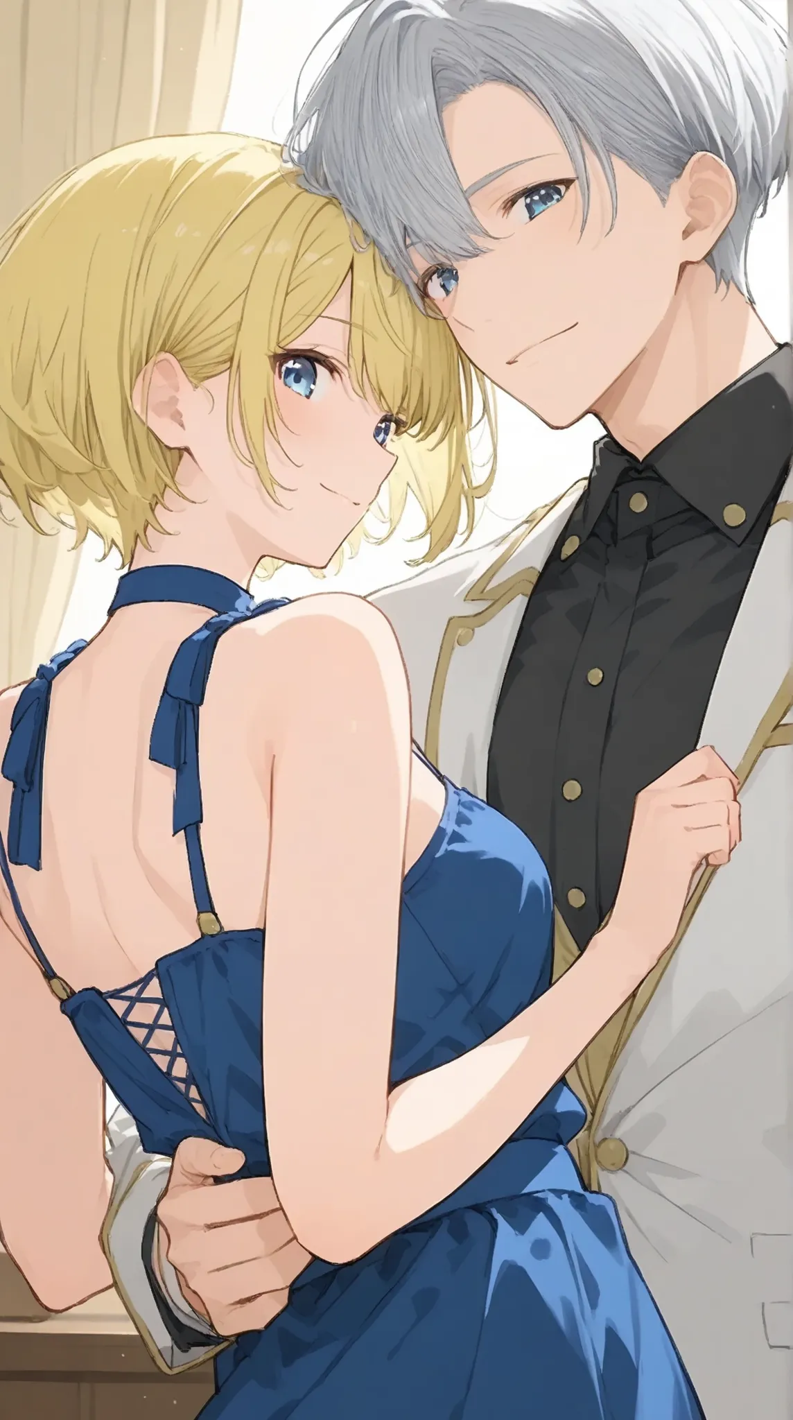 dynamic angle、floating near Vista Muy（beautiful eyes）(tall man who looks like a college student（gray hair）)An elegant woman（creates a romantic image of Sophia）with blond short hair dancing at a ball 画面内に全身