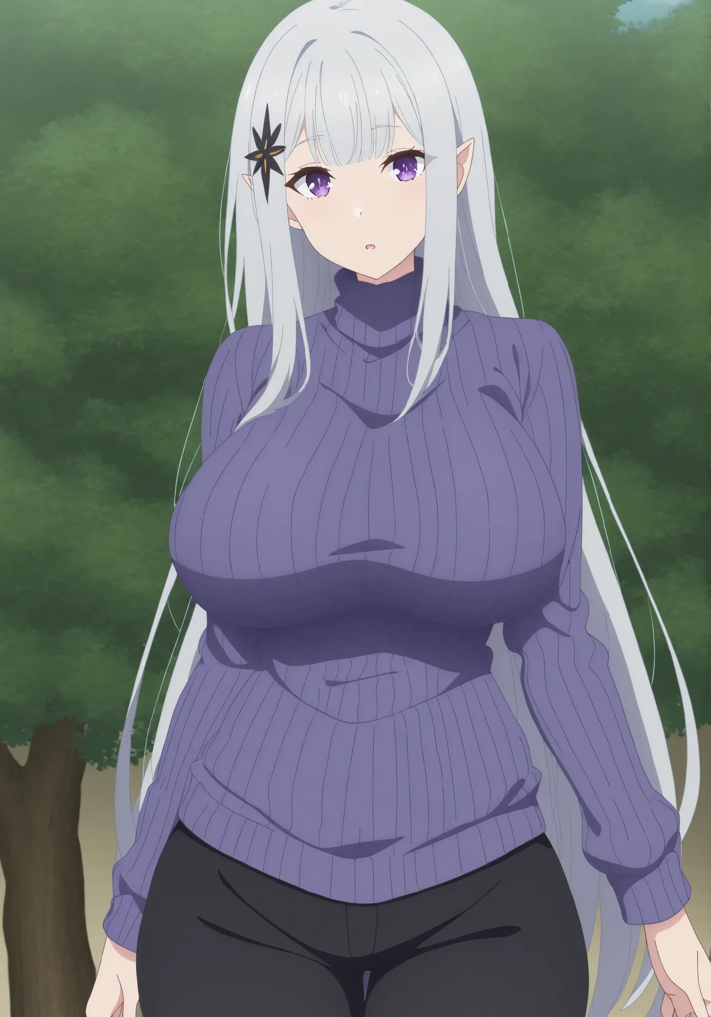 score_7_up, anime screencap, Solo, long dress, Satella, 1girl, Anime, 1girl, adult female, pointy ears, hair ornament, silver hair, purple eyes, Sexy, outdoors , ( turtleneck sweater, black pants,) big breast,