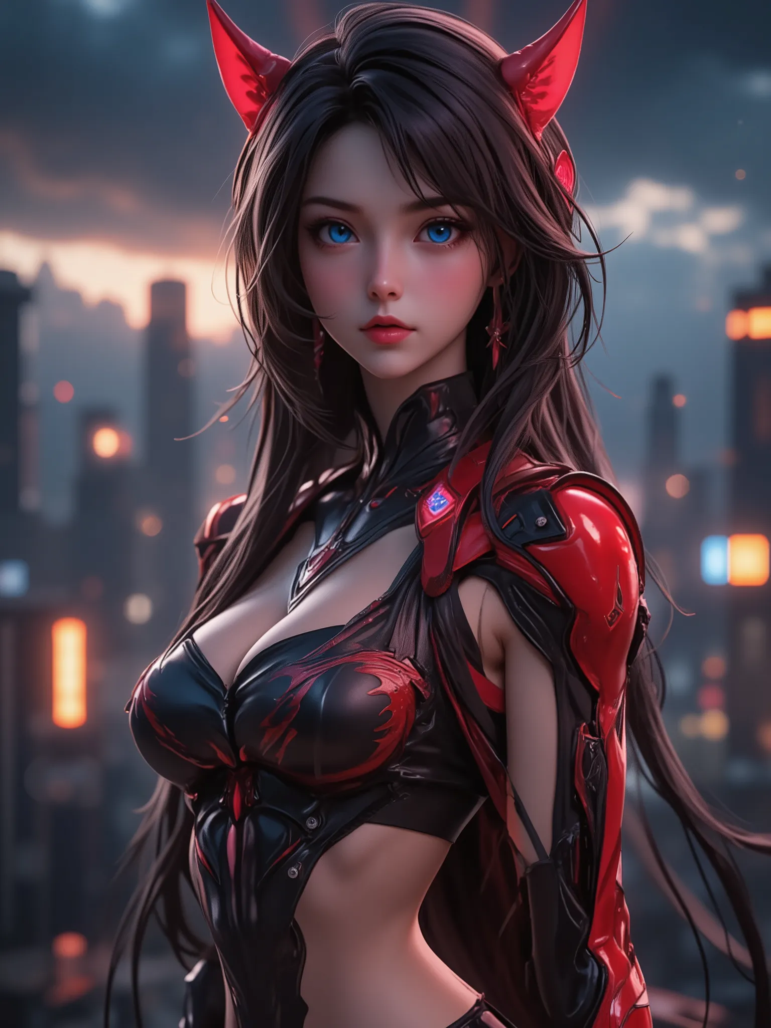 girl, WARFRAME, intricate pattern, Heavy metal, power lines, bright eyes, elegant, concentrated, blood red and black uniform bikini, big breasts, Alone, modern vision, city, streets, dark clouds, dramatic lighting, (SFX complements visual art, The level of...