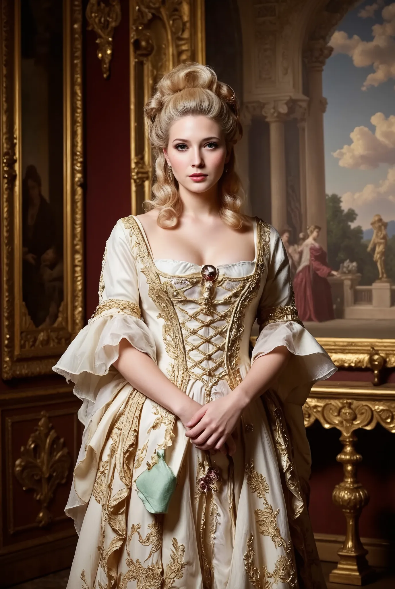 Create a realistic photograph of a very beautiful, young girl with fair skin, portraying a young and lovely queen. She has a blonde Rococo hairstyle and a slender figure, wearing an elegant and ornate gown reminiscent of Rococo paintings. The scene should ...